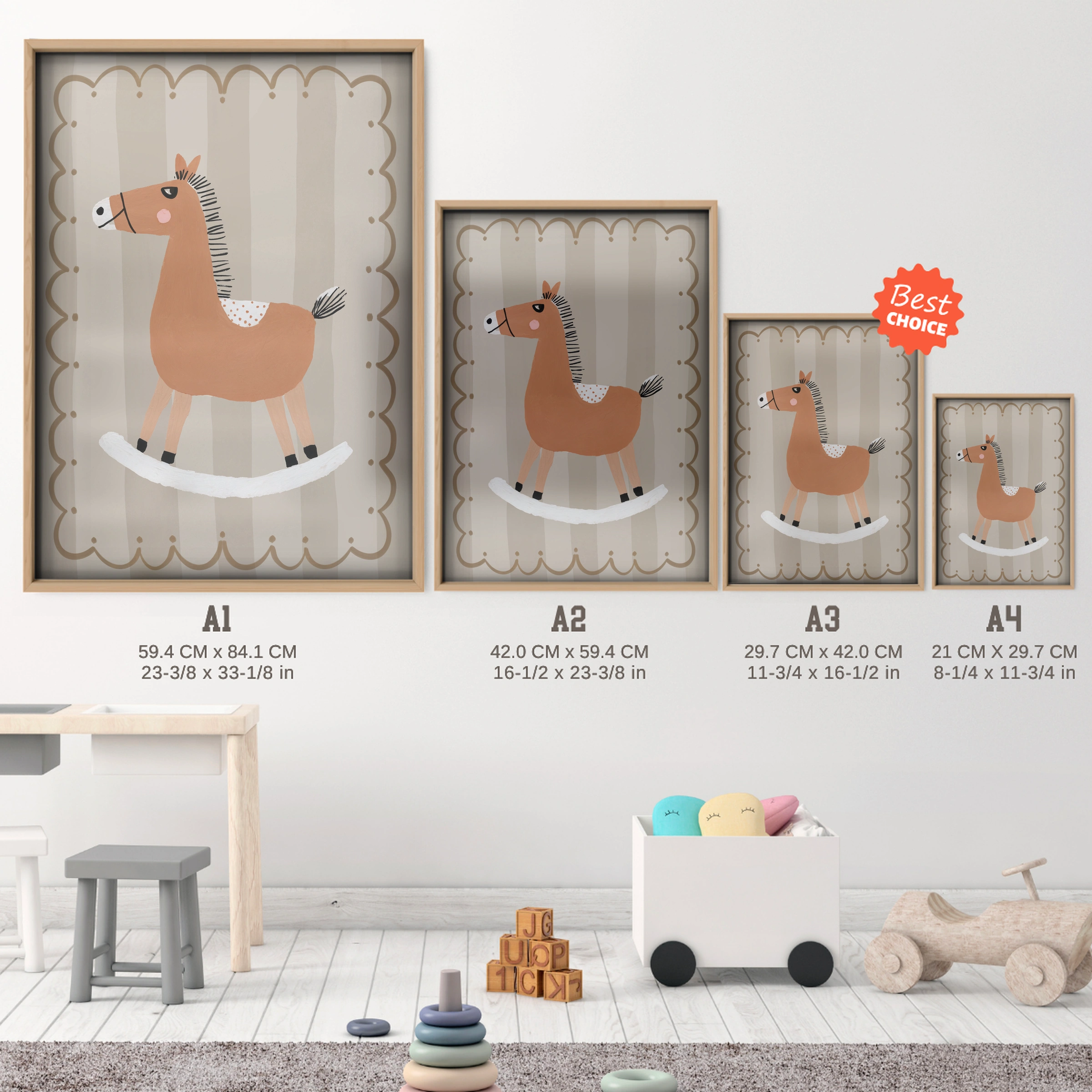 Terracotta Horse Nursery Print - size guide A4 A3 A2 A1 nursery print