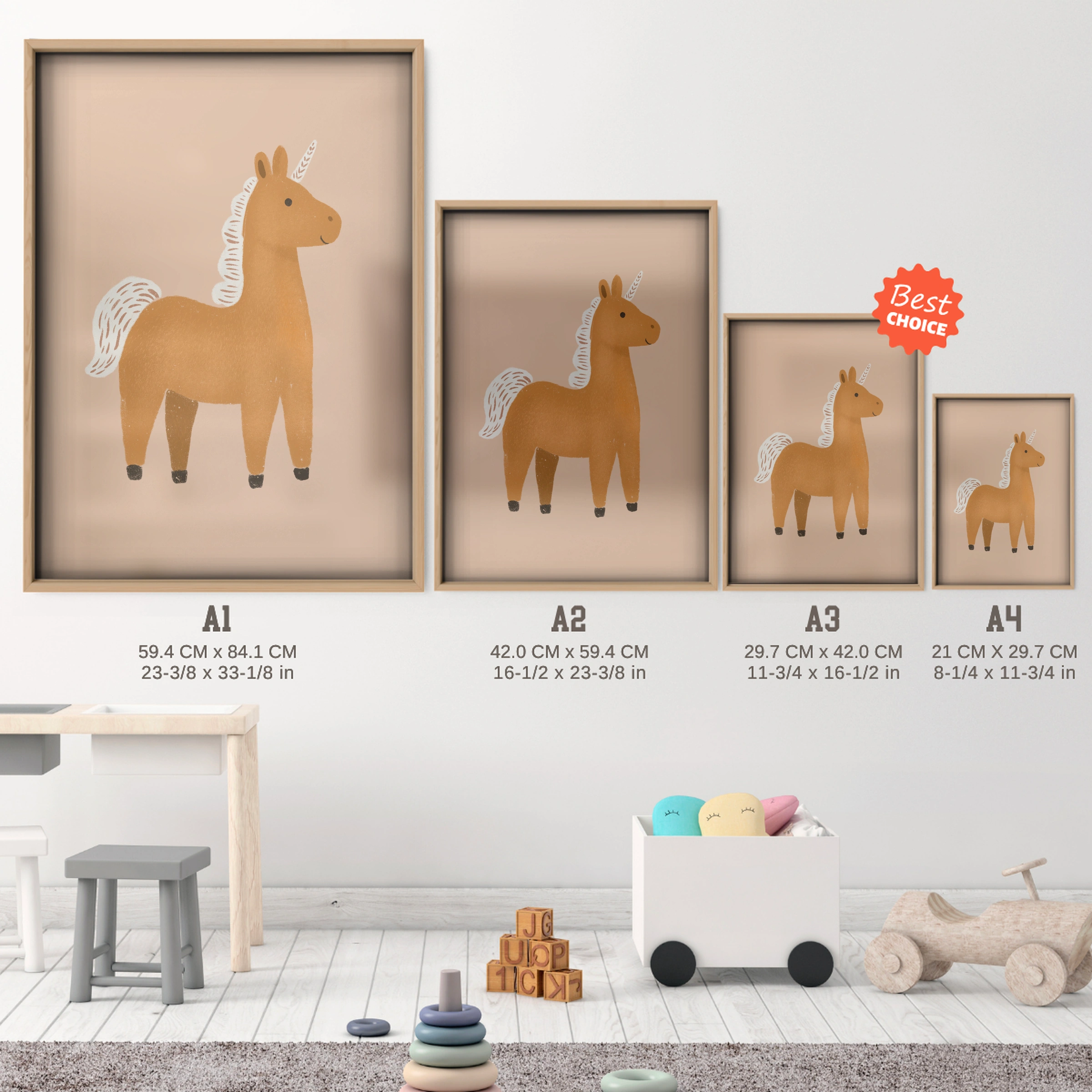 Terracotta Llama Nursery Print - size guide A4 A3 A2 A1 nursery print