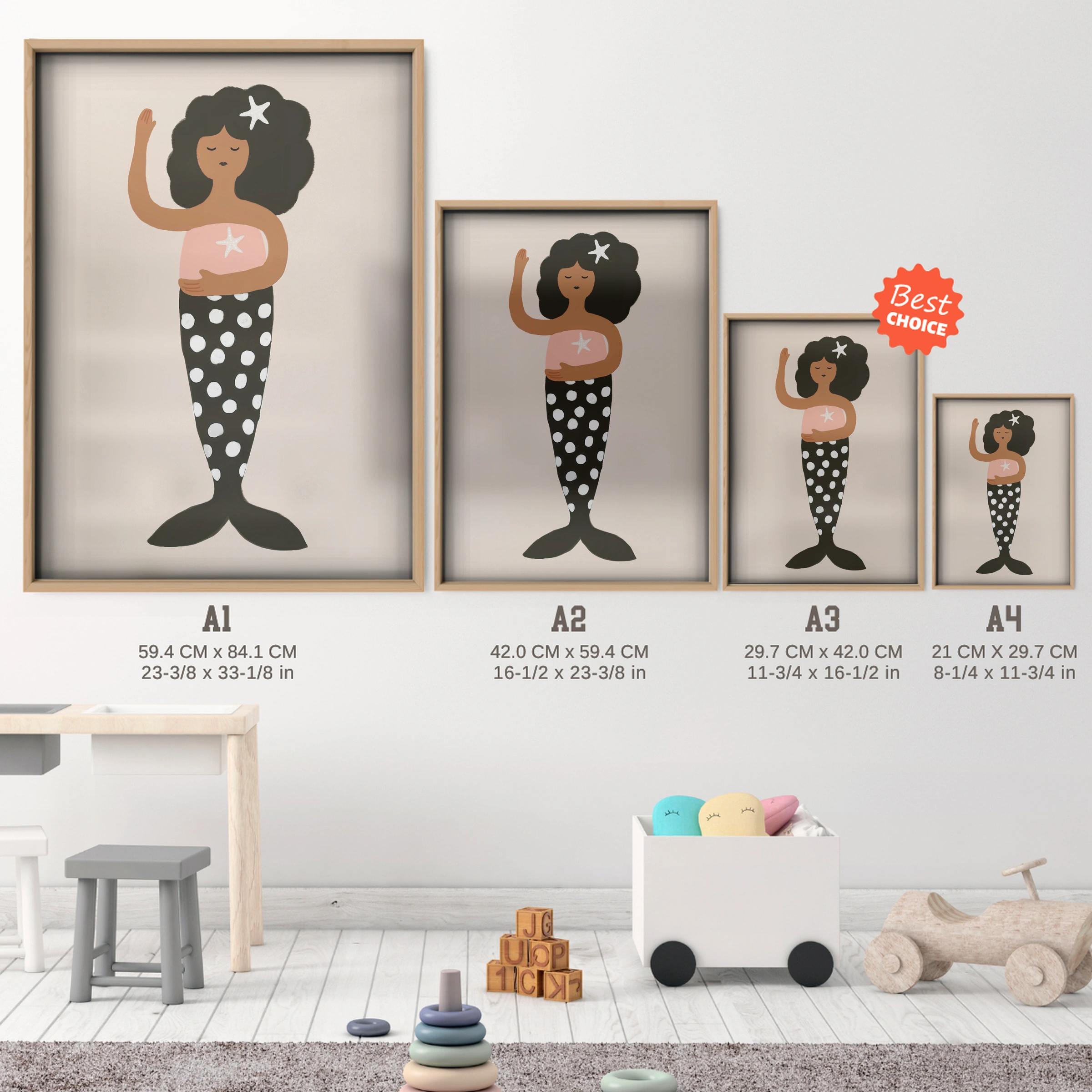 Terracotta Mermaid Nursery Print - size guide A4 A3 A2 A1 nursery print