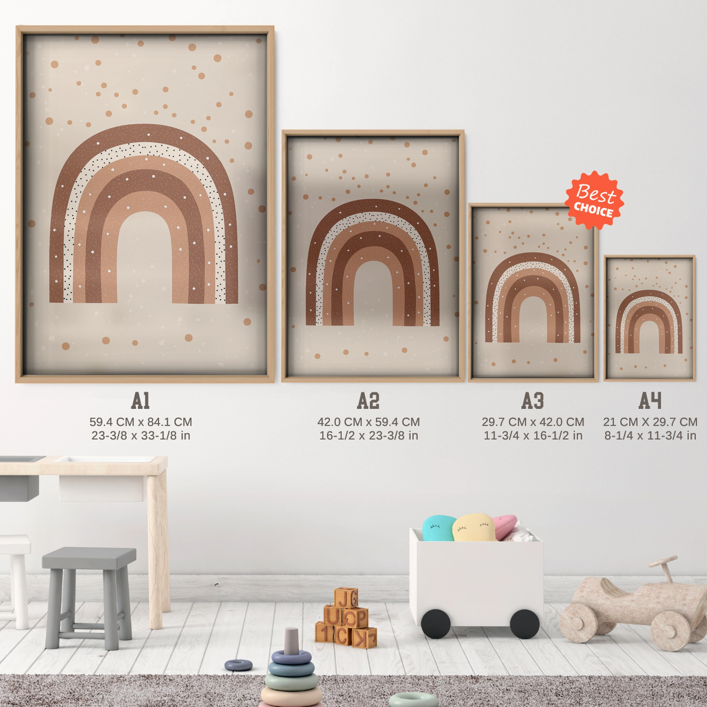 Terracotta Rainbow Nursery Print - size guide A4 A3 A2 A1 nursery print