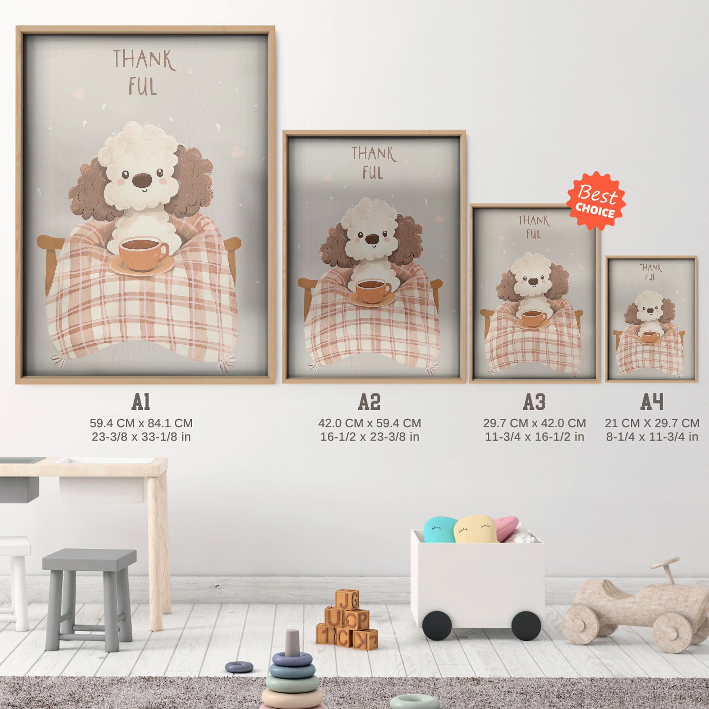 Thankful Hedgehog Nursery Print - size guide A4 A3 A2 A1 nursery print