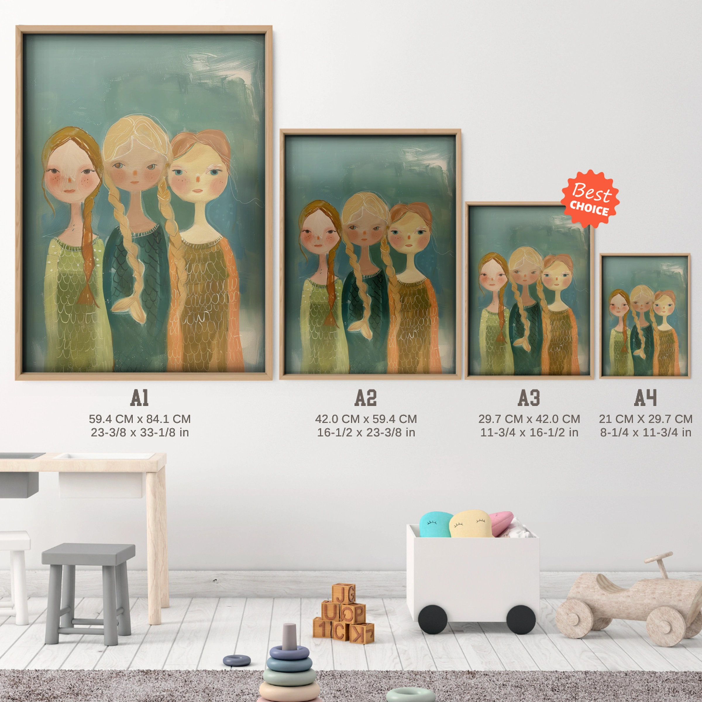 Three Girls Nursery Print - size guide A4 A3 A2 A1 nursery print