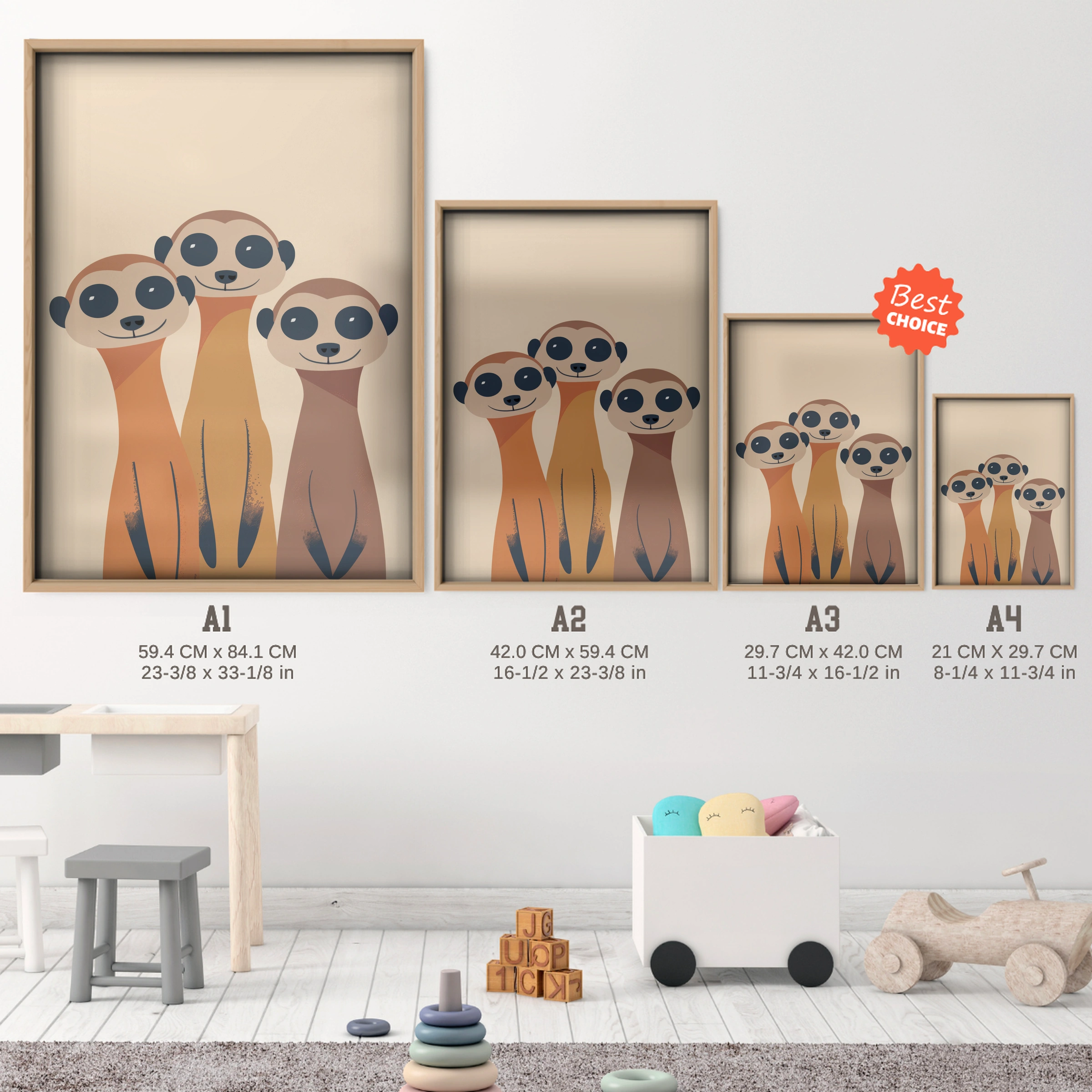 Three Meerkats Nursery Print - size guide A4 A3 A2 A1 nursery print