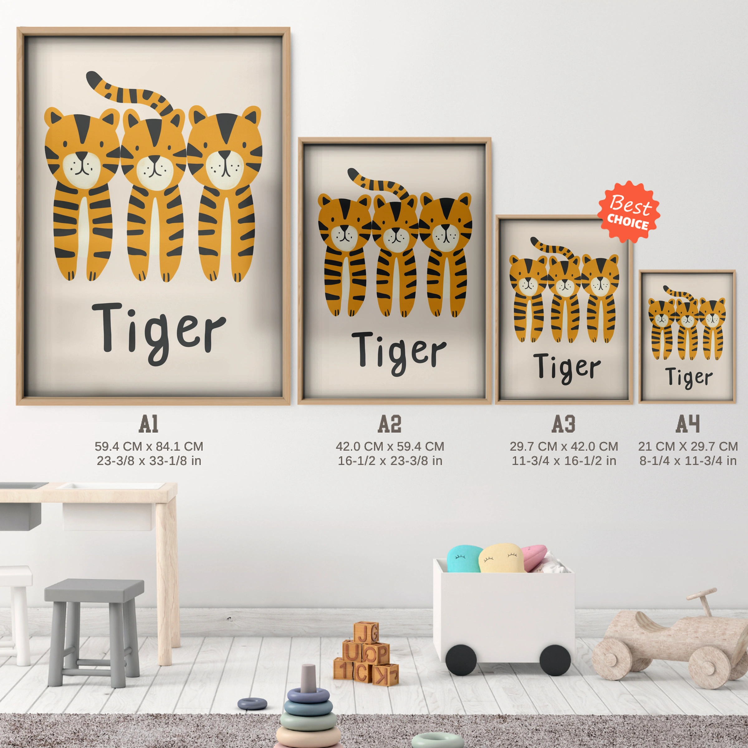 Three Tigers Nursery Print - size guide A4 A3 A2 A1 nursery print