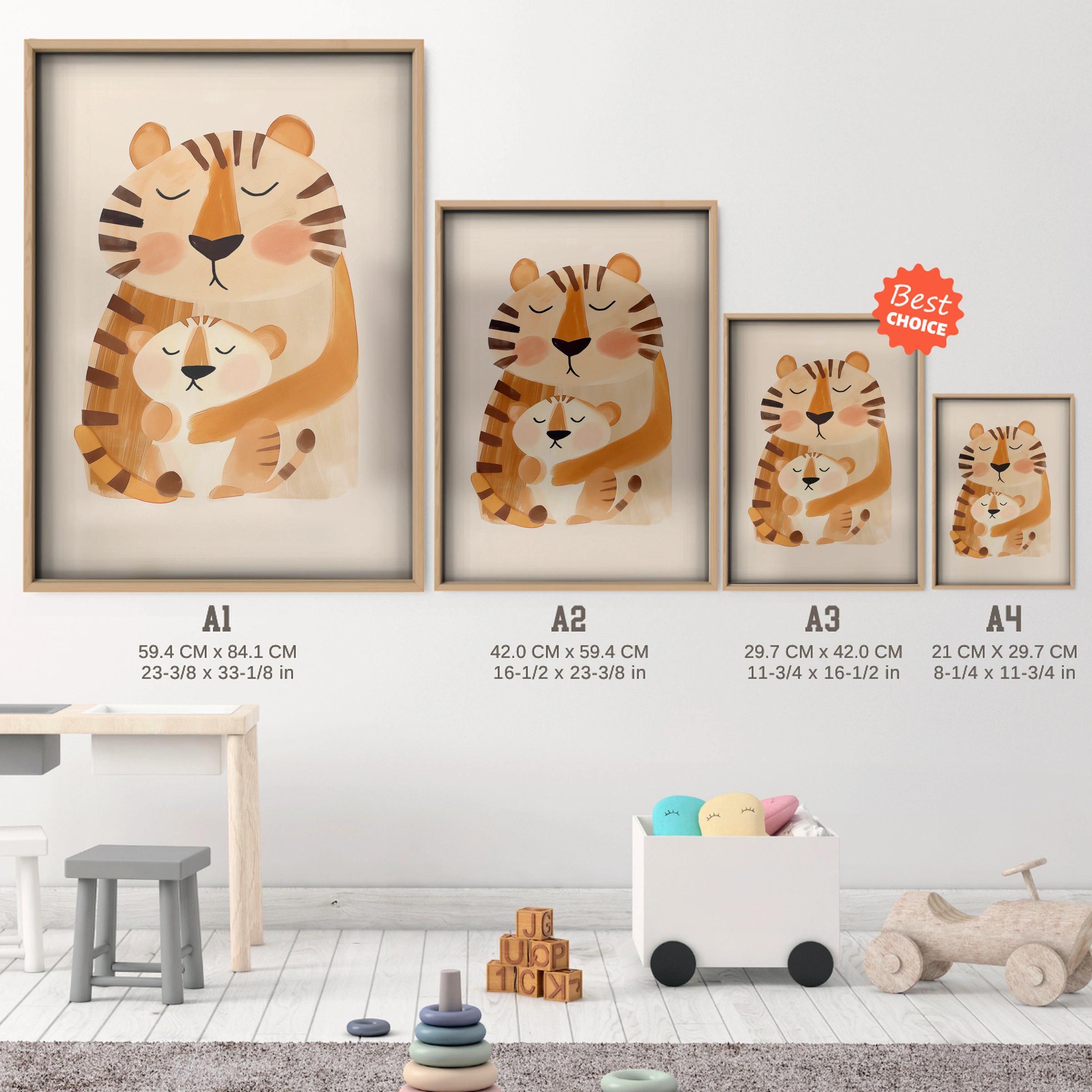 Tiger and Cub Nursery Print - size guide A4 A3 A2 A1 nursery print