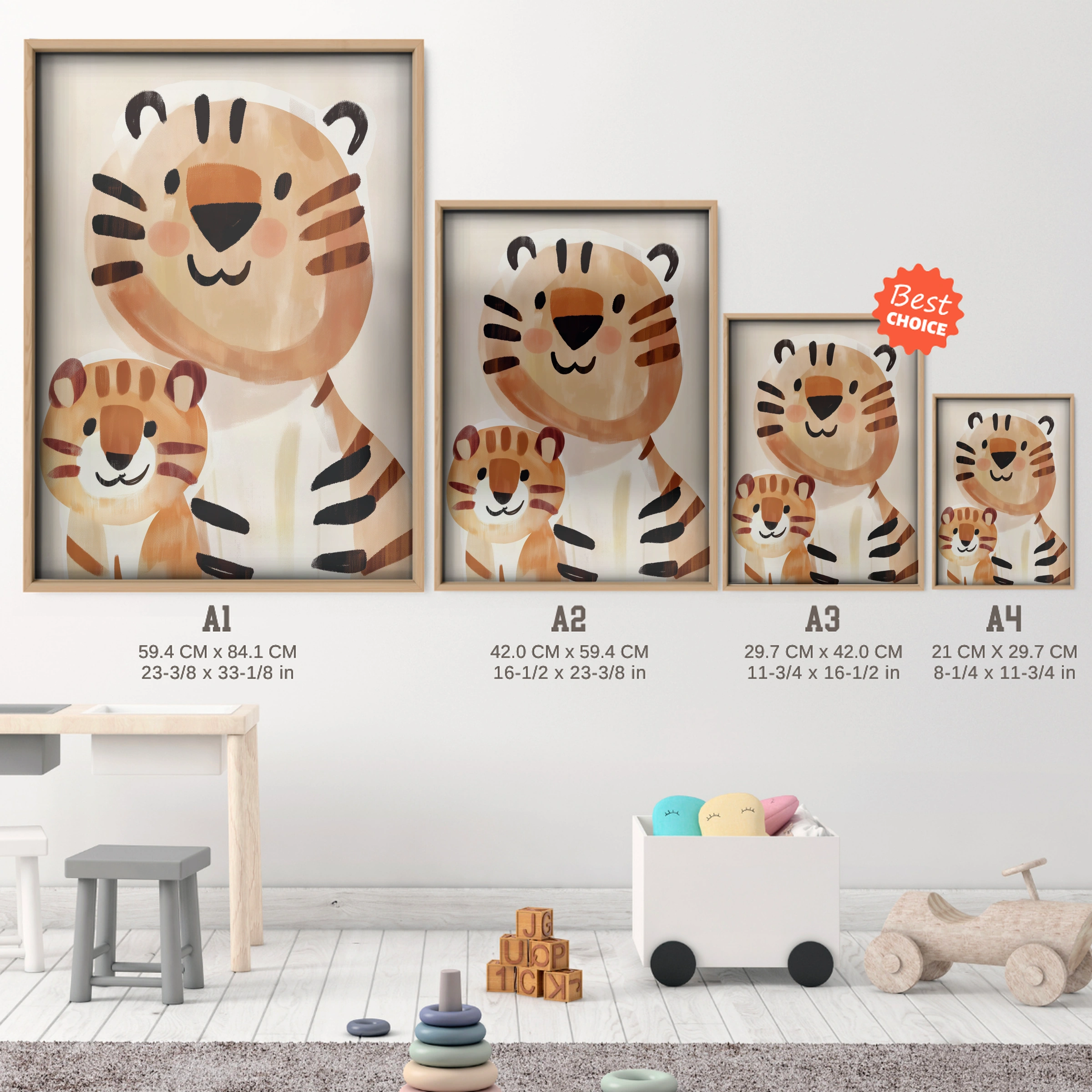 Tiger and Cub Two Nursery Print - size guide A4 A3 A2 A1 nursery print
