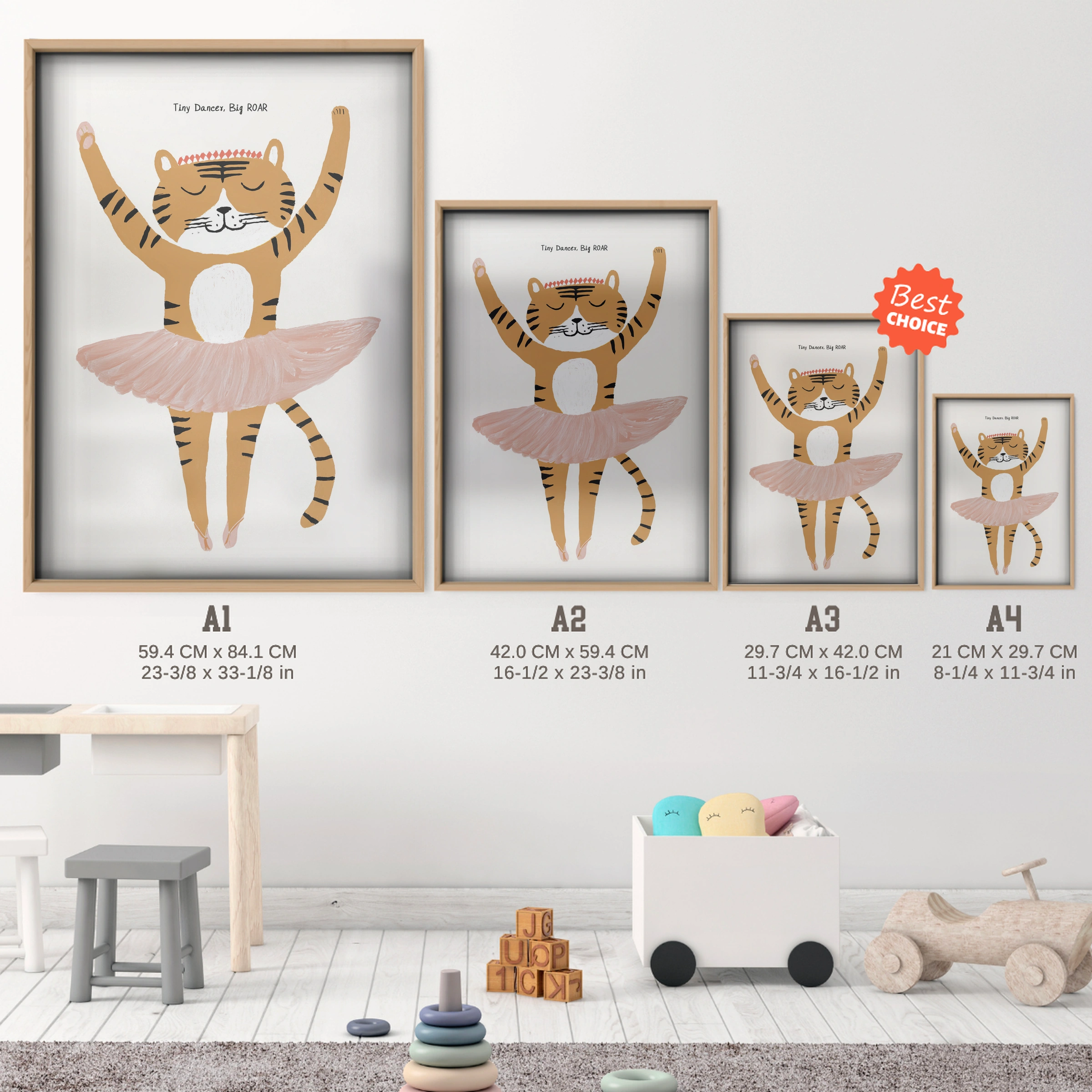 Tiger Ballerina Nursery Print - size guide A4 A3 A2 A1 nursery print