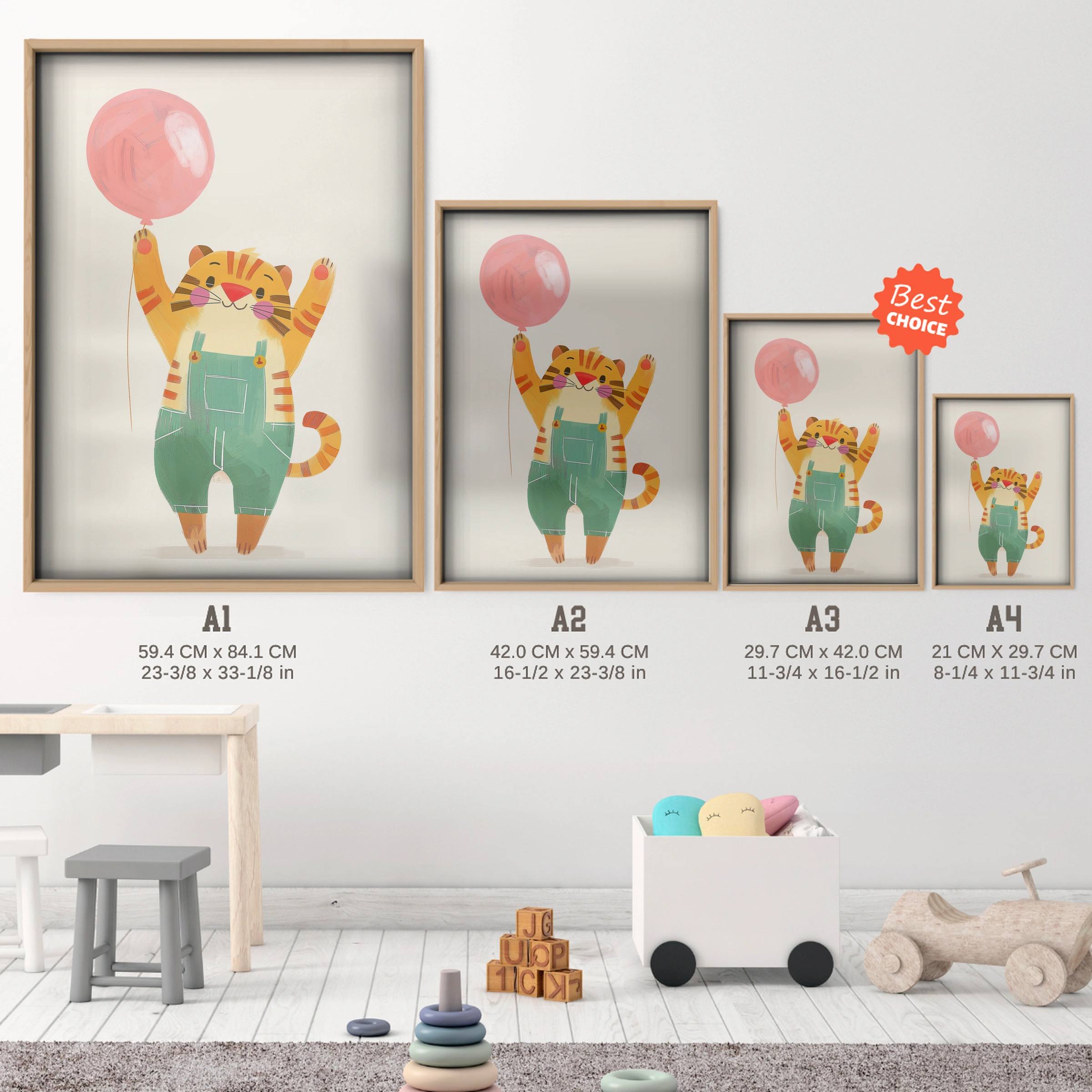 Tiger with a Balloon Nursery Print - size guide A4 A3 A2 A1 nursery print