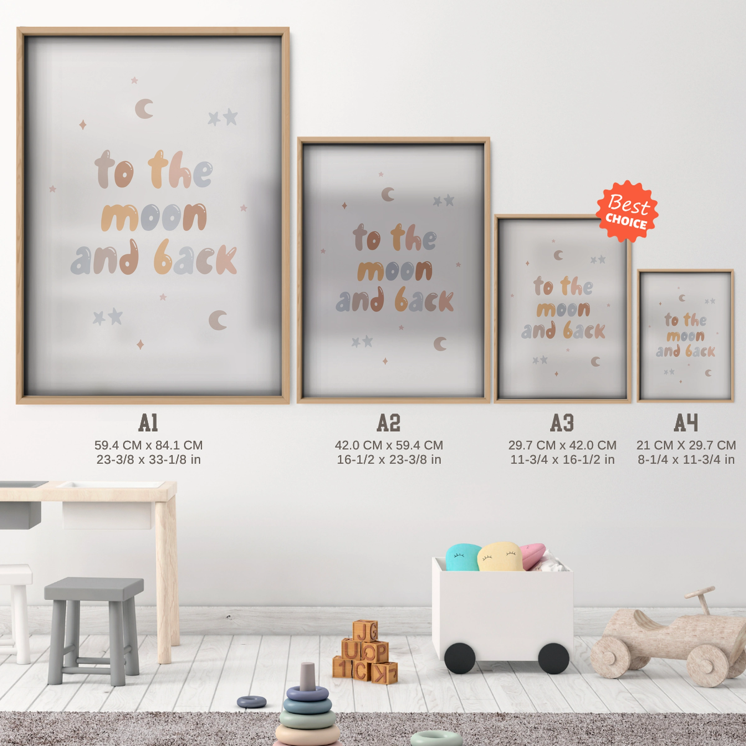 To The Moon and Back Nursery Print - size guide A4 A3 A2 A1 nursery print