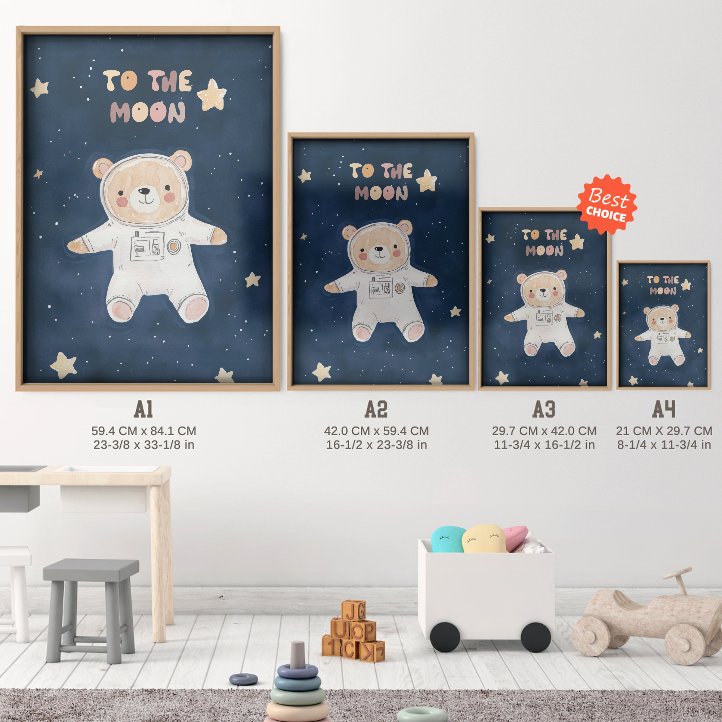 To The Moon Bear Nursery Print - size guide A4 A3 A2 A1 nursery print