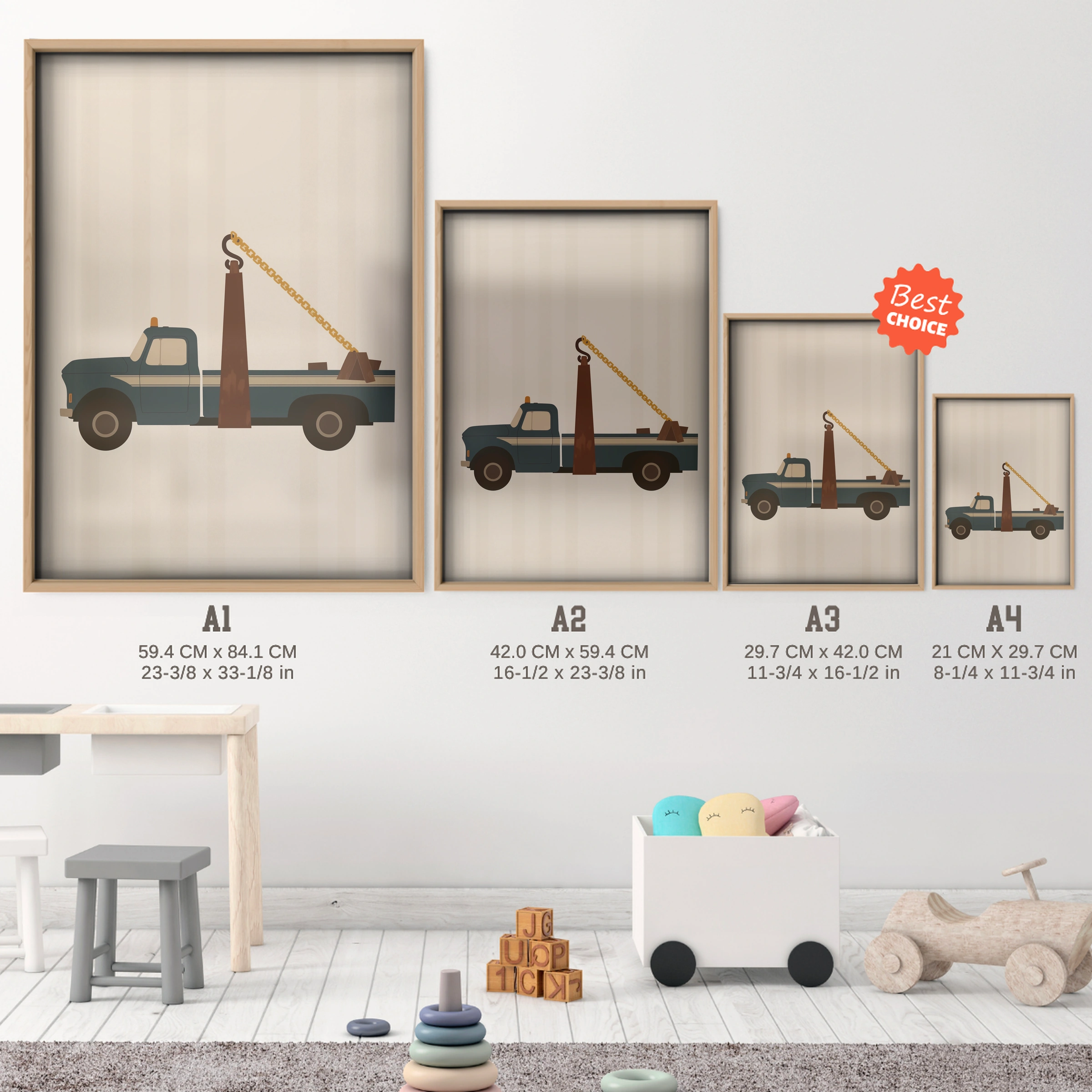 Tow Truck Nursery Print - size guide A4 A3 A2 A1 nursery print