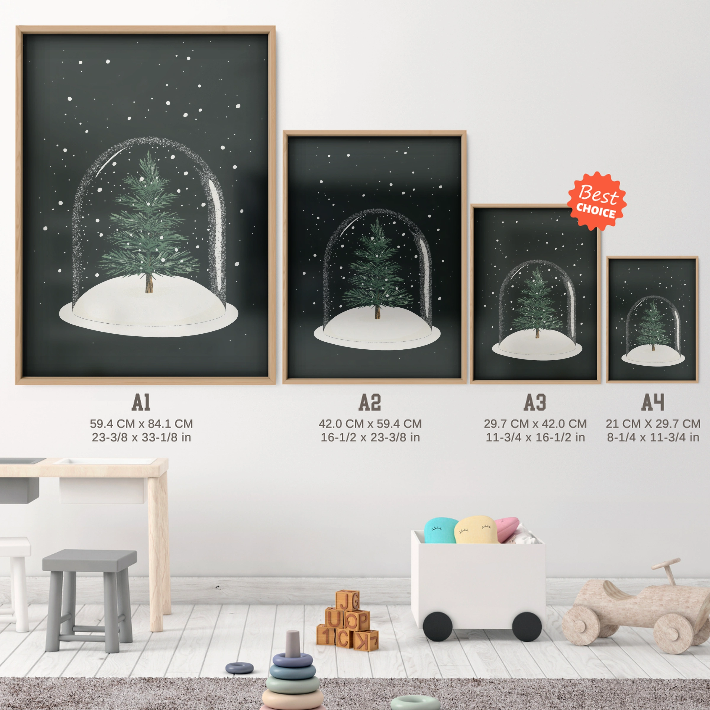 Tree in a Snow Globe Christmas Print - size guide A4 A3 A2 A1 nursery print