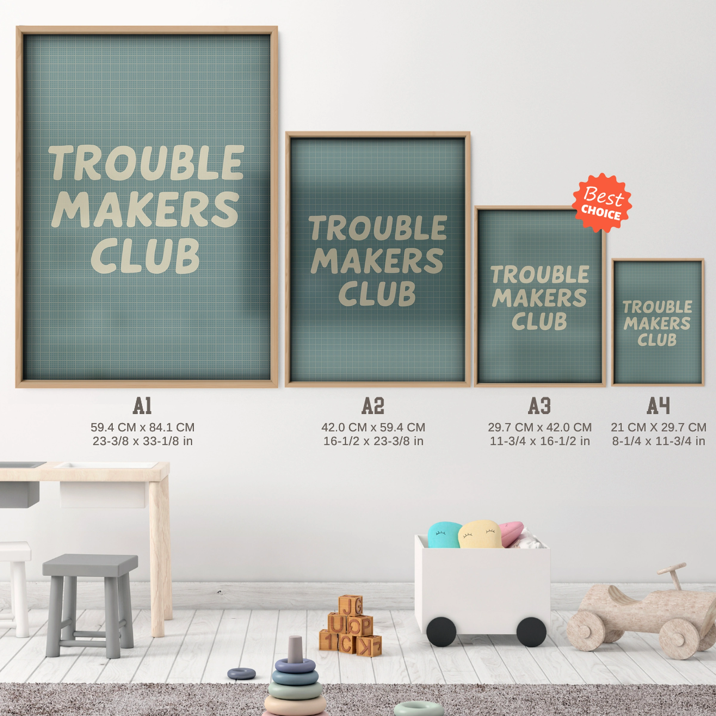 Trouble Makers Club Nursery Print - size guide A4 A3 A2 A1 nursery print
