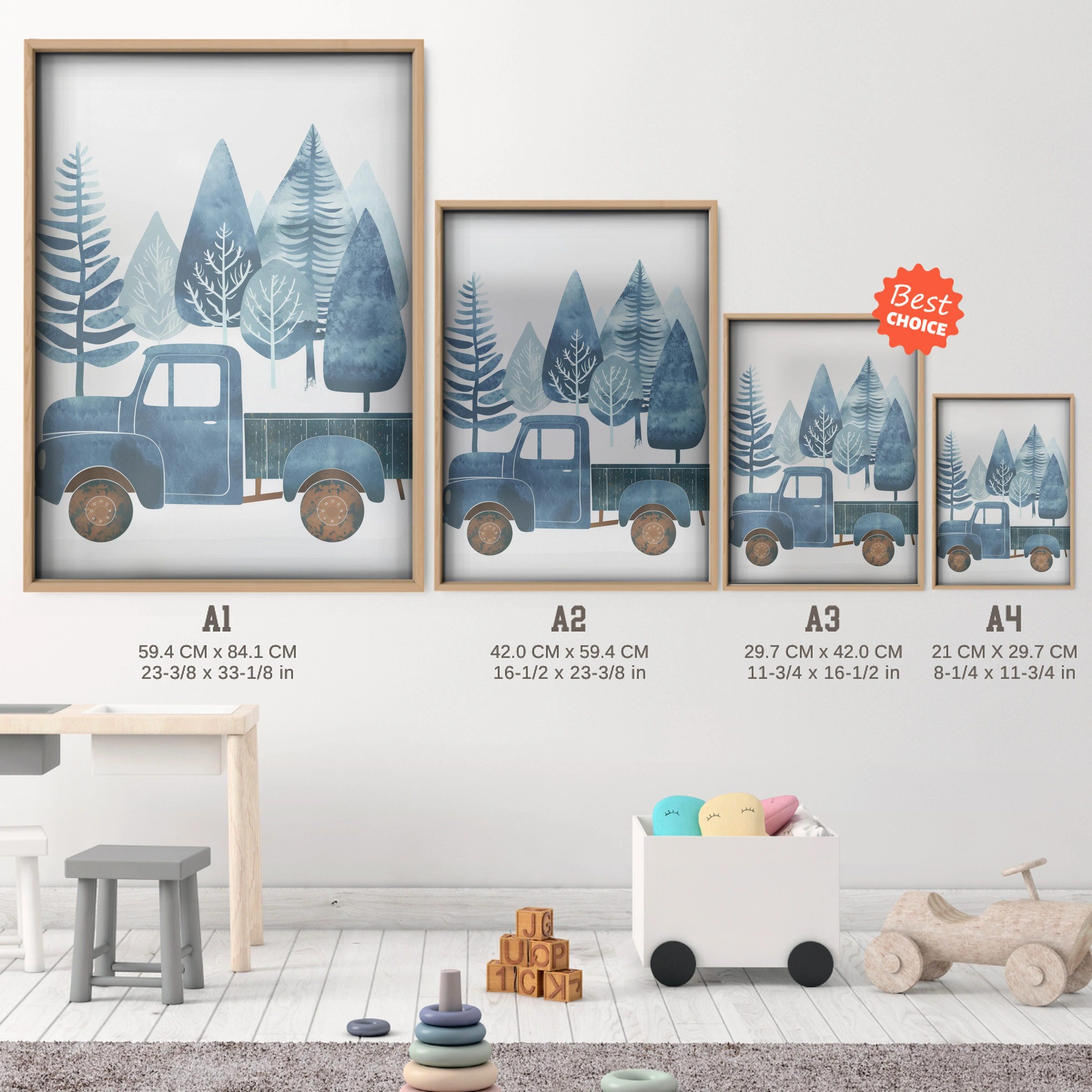 Truck and Trees Nursery Print - size guide A4 A3 A2 A1 nursery print
