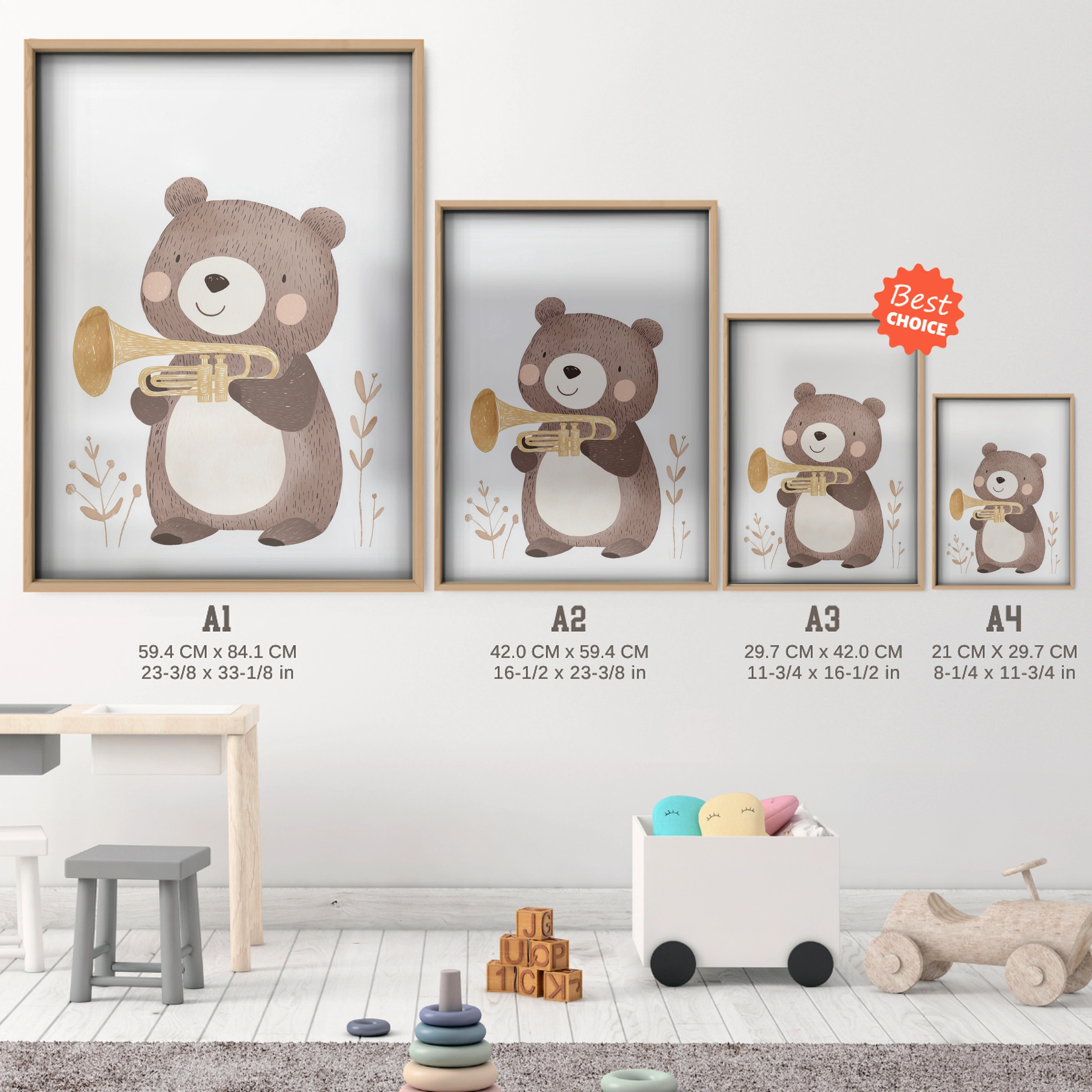 Trumpet Bear Nursery Print - size guide A4 A3 A2 A1 nursery print
