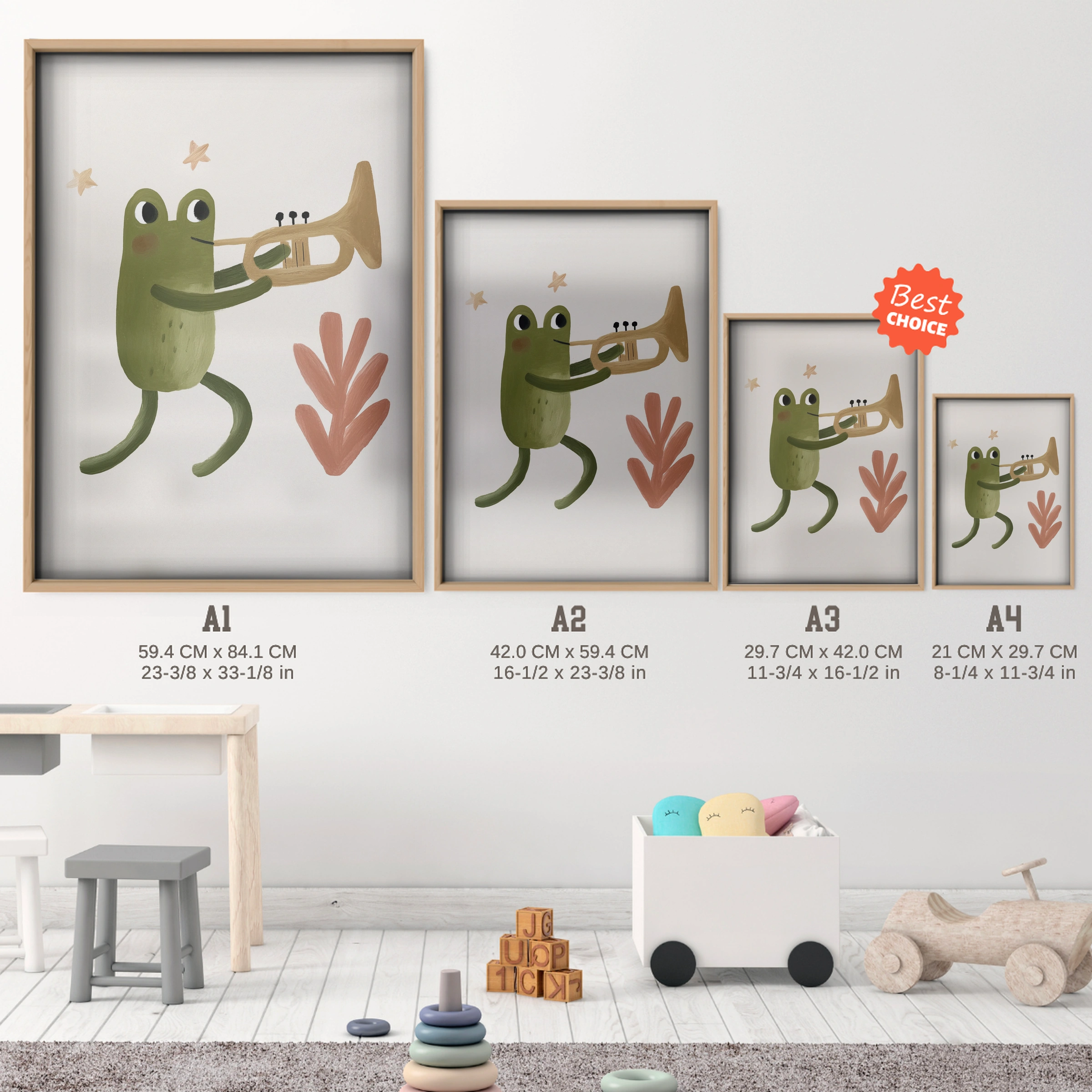 Trumpet Frog Nursery Print - size guide A4 A3 A2 A1 nursery print