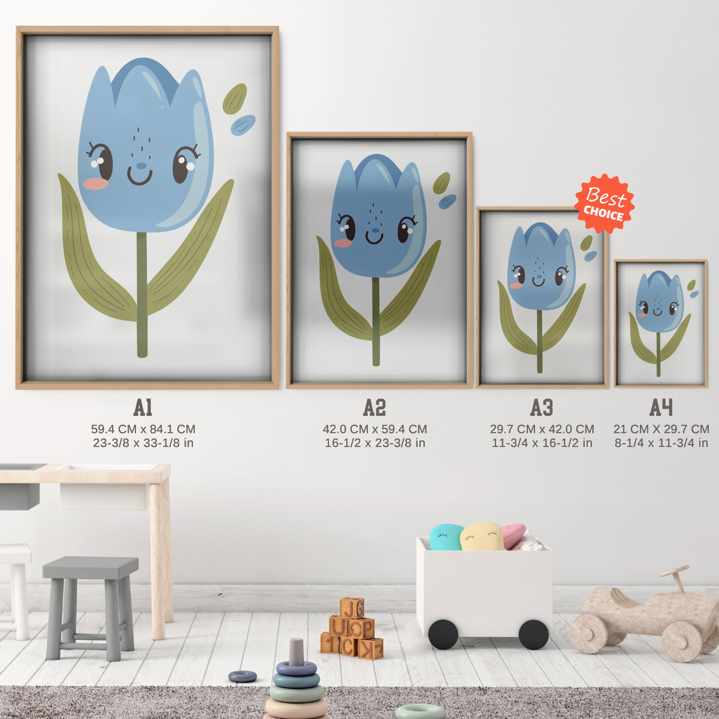 Tulip Face Nursery Print - size guide A4 A3 A2 A1 nursery print