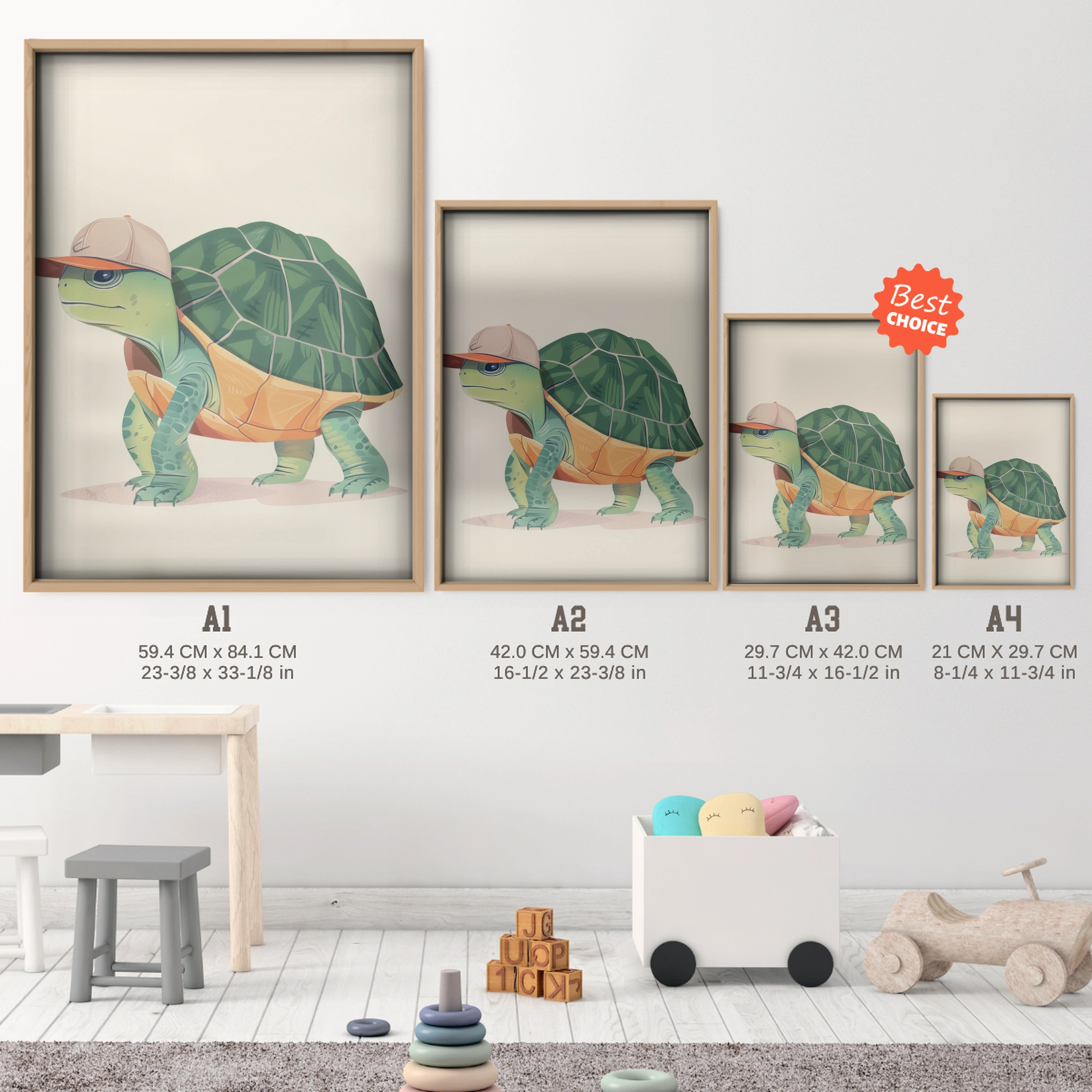 Turtle with a Cap Nursery Print - size guide A4 A3 A2 A1 nursery print