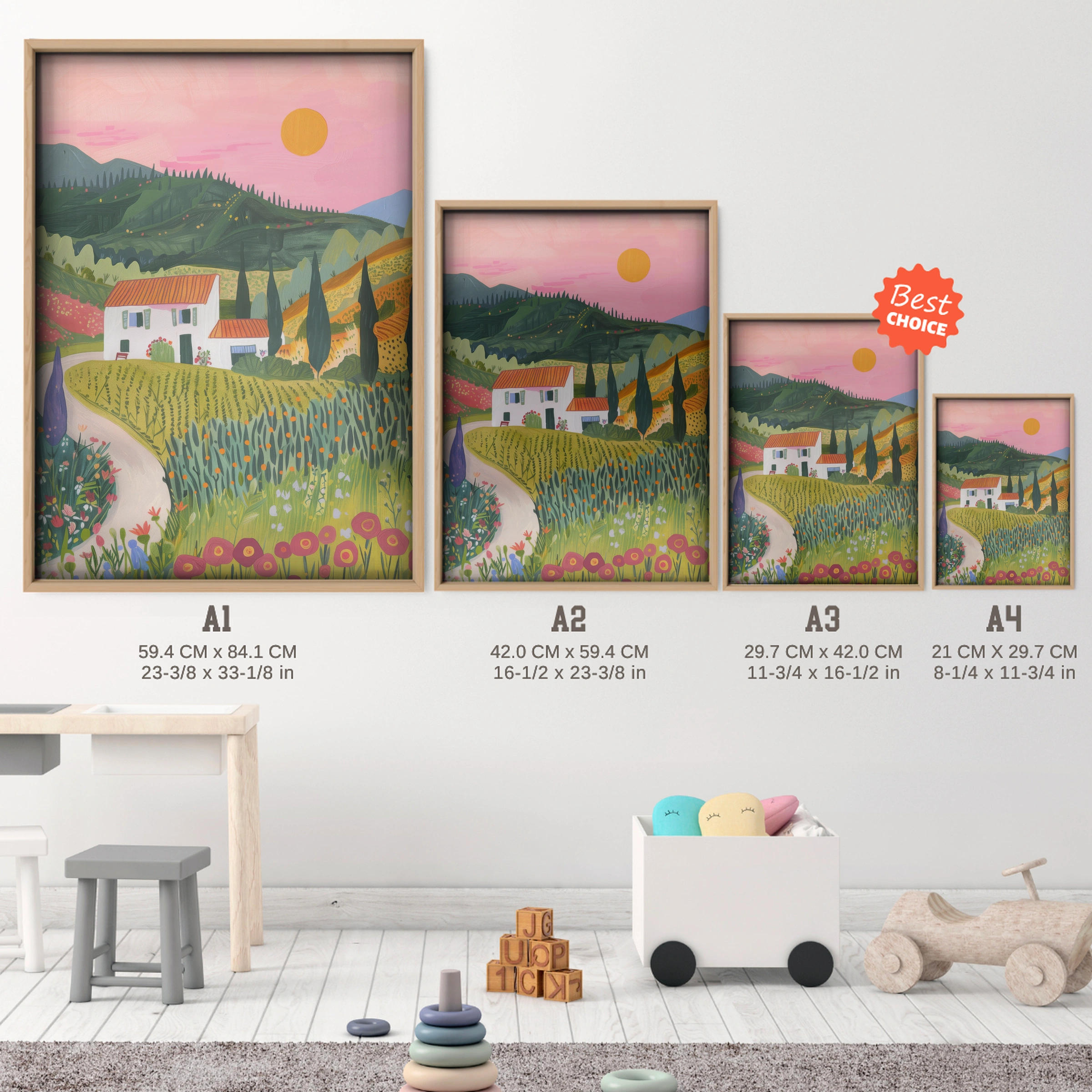 Tuscan Village Nursery Print - size guide A4 A3 A2 A1 nursery print