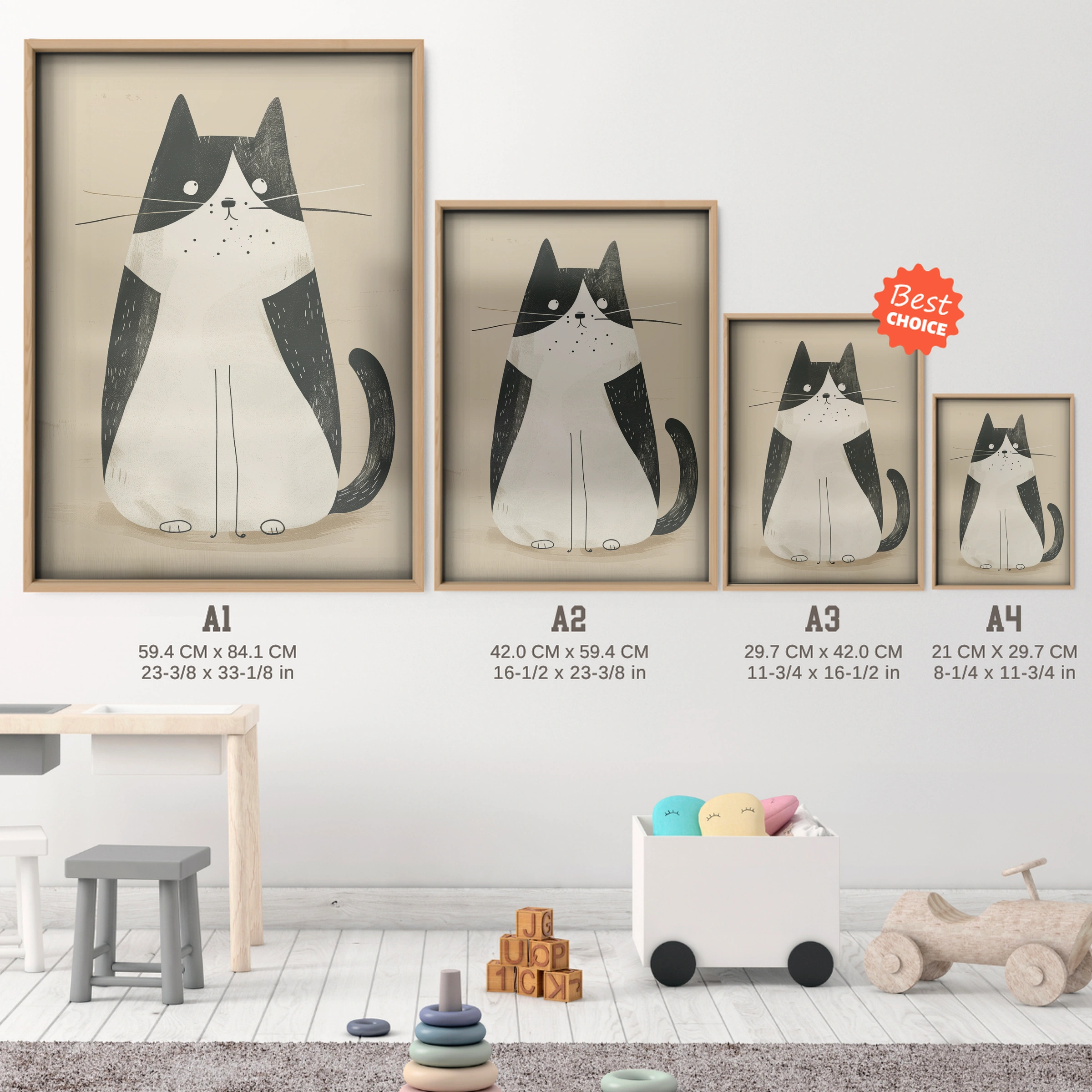 Tuxedo Cat Nursery Print - size guide A4 A3 A2 A1 nursery print