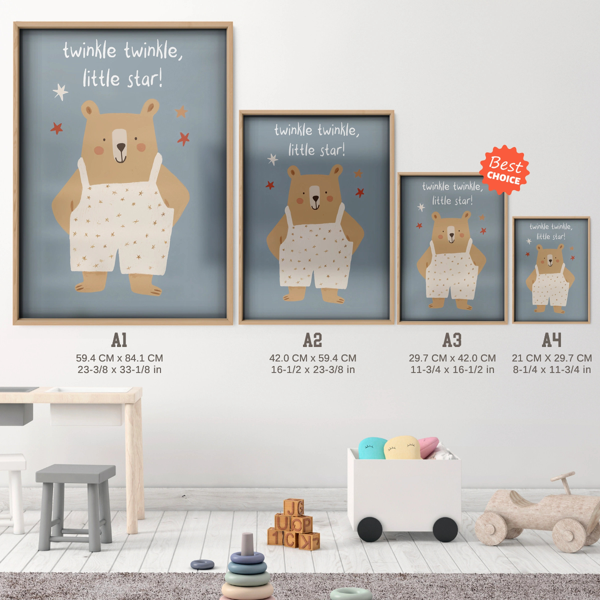 Twinkle Twinkle Bear Nursery Print - size guide A4 A3 A2 A1 nursery print