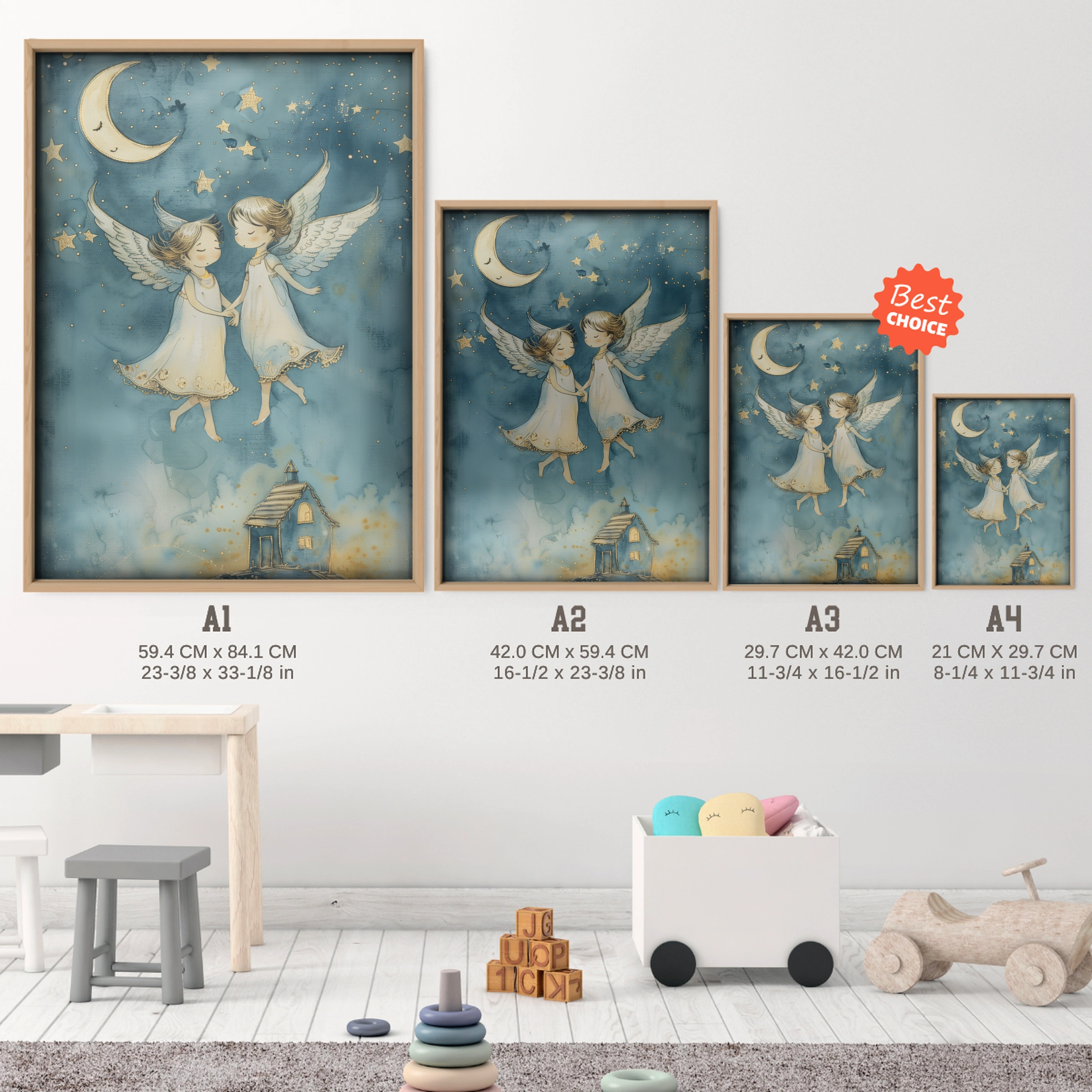 Two Angels Nursery Print - size guide A4 A3 A2 A1 nursery print