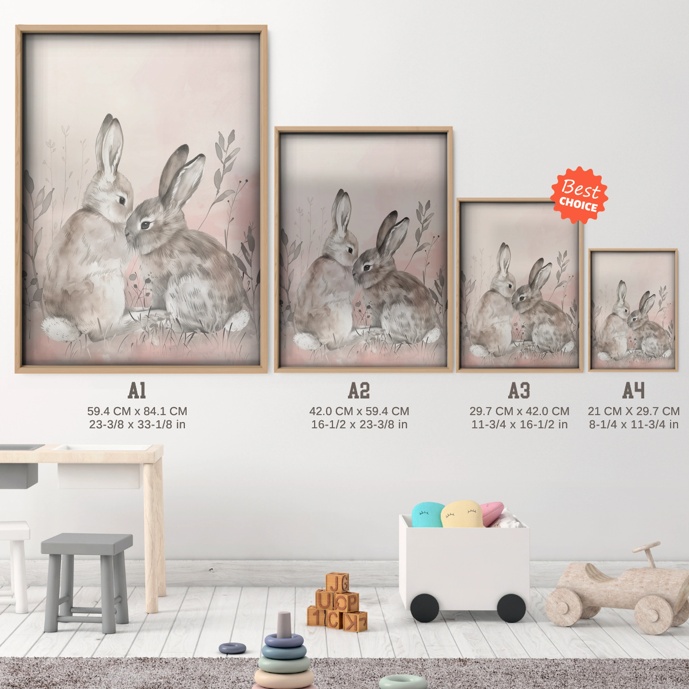 Two Bunnies in Love Nursery Print - size guide A4 A3 A2 A1 nursery print