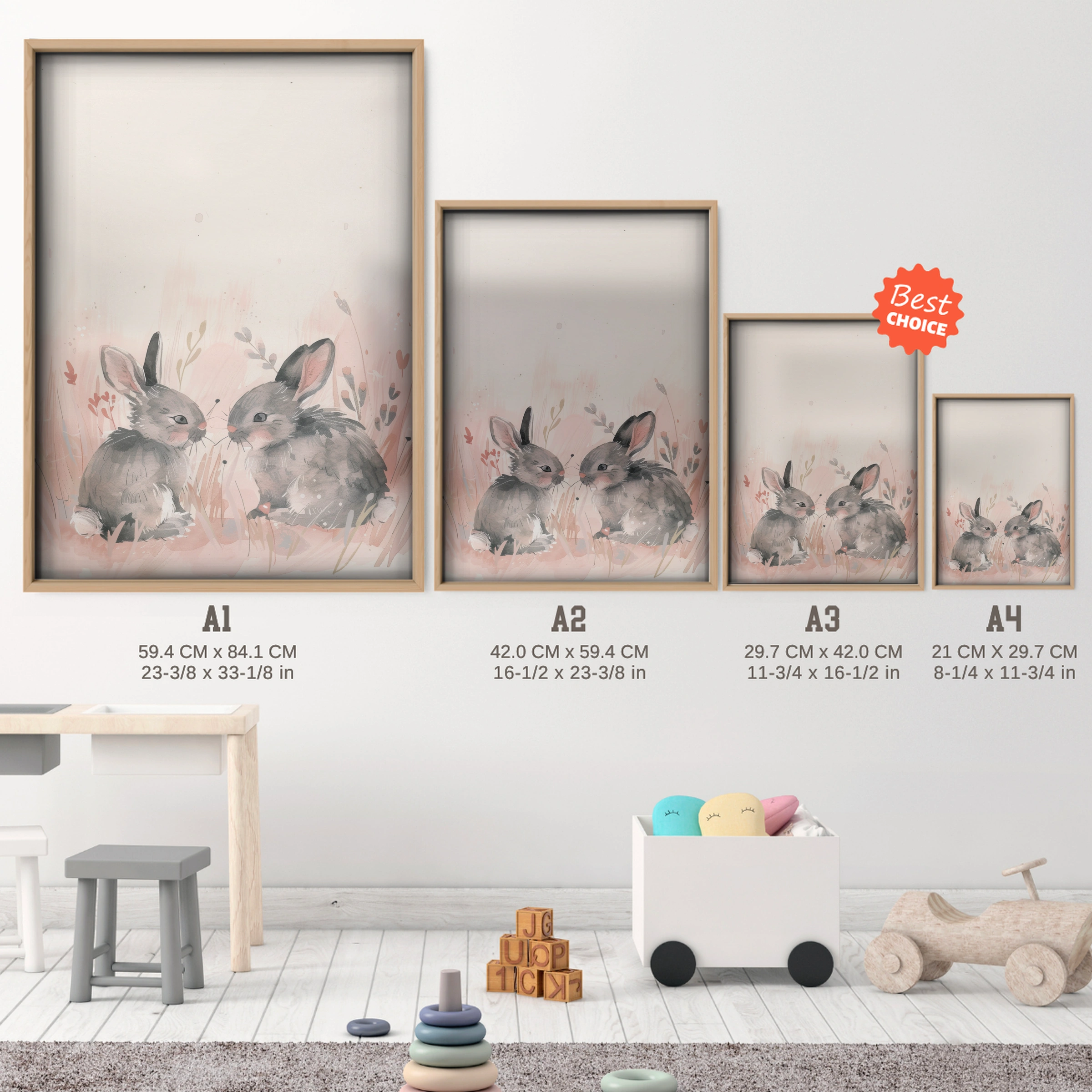 Two Bunnies Nursery Print - size guide A4 A3 A2 A1 nursery print