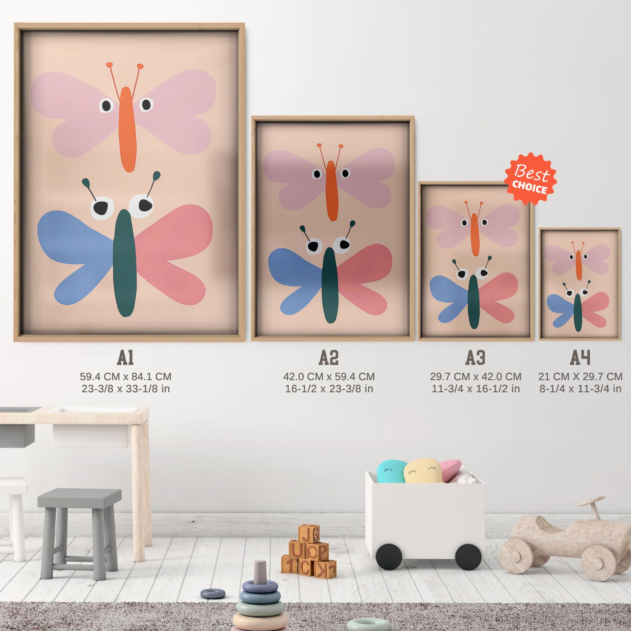 Two Butterflies Nursery Print - size guide A4 A3 A2 A1 nursery print
