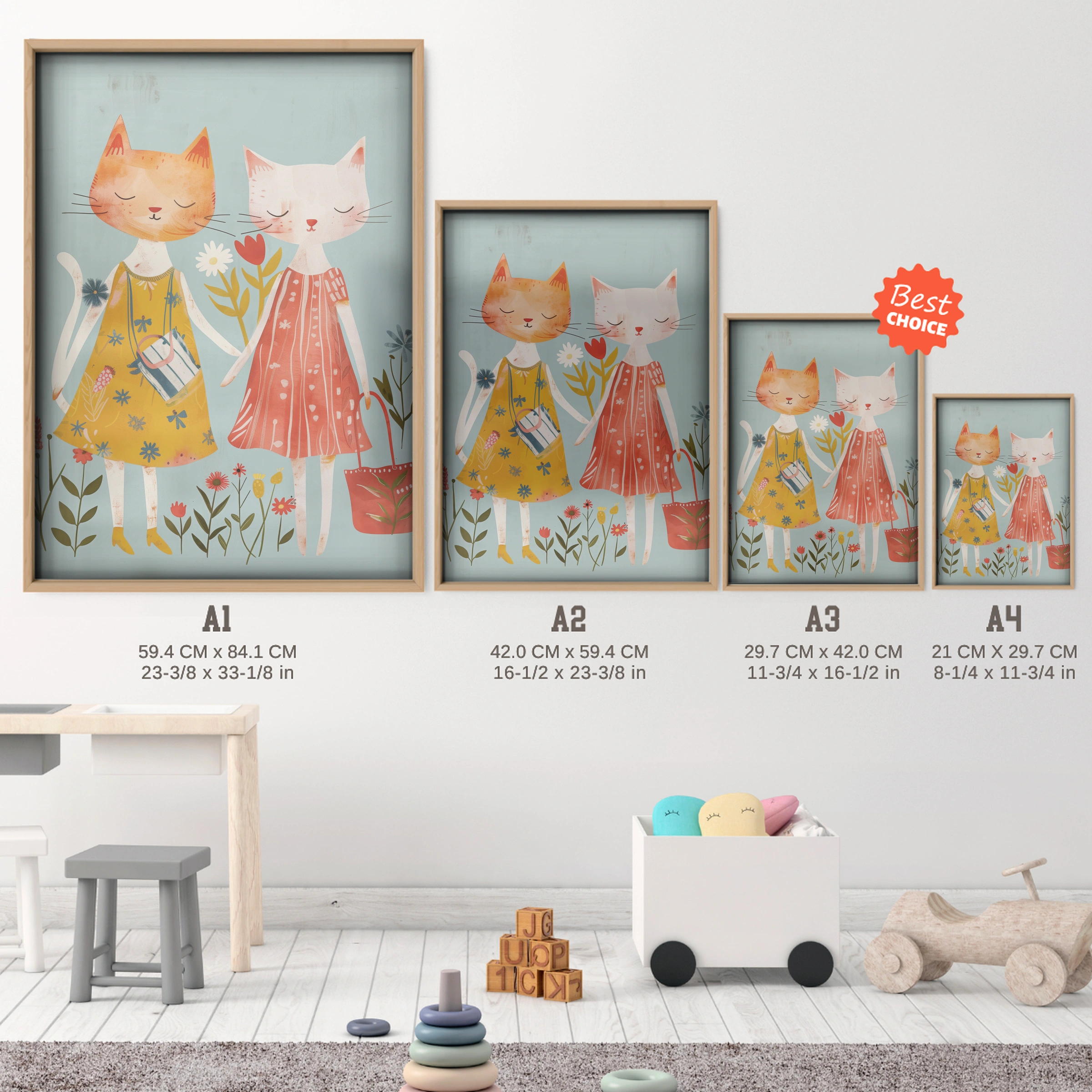 Two Cats in Dresses Nursery Print - size guide A4 A3 A2 A1 nursery print