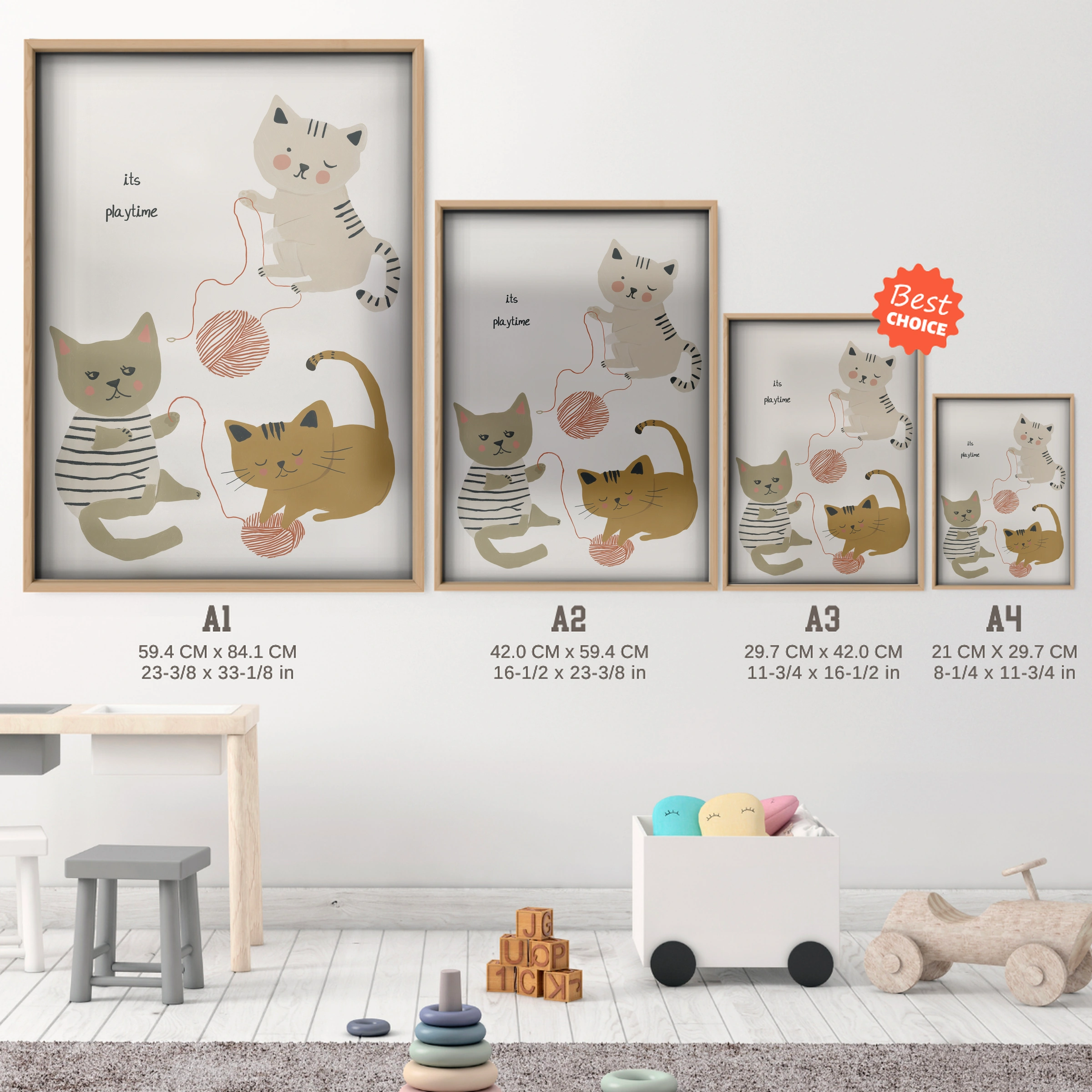Two Cosy Cats Nursery Print - size guide A4 A3 A2 A1 nursery print