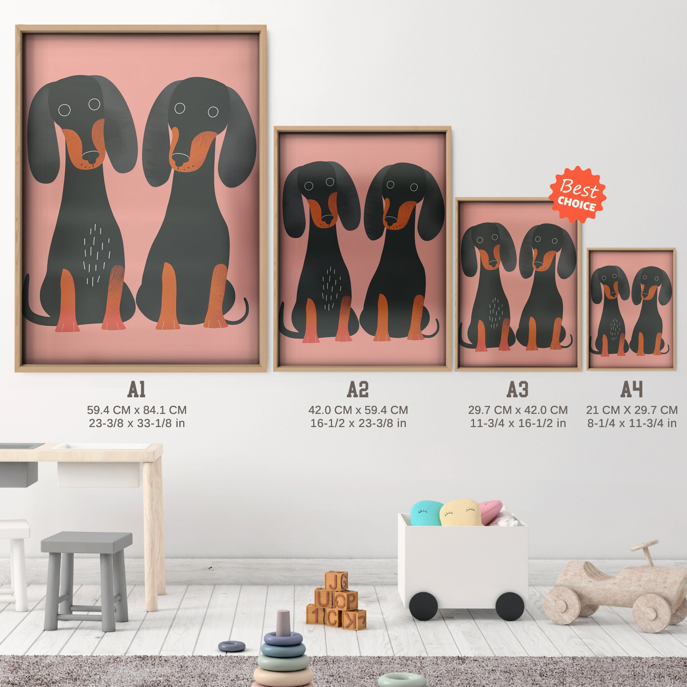 Two Dachshunds Nursery Print - size guide A4 A3 A2 A1 nursery print
