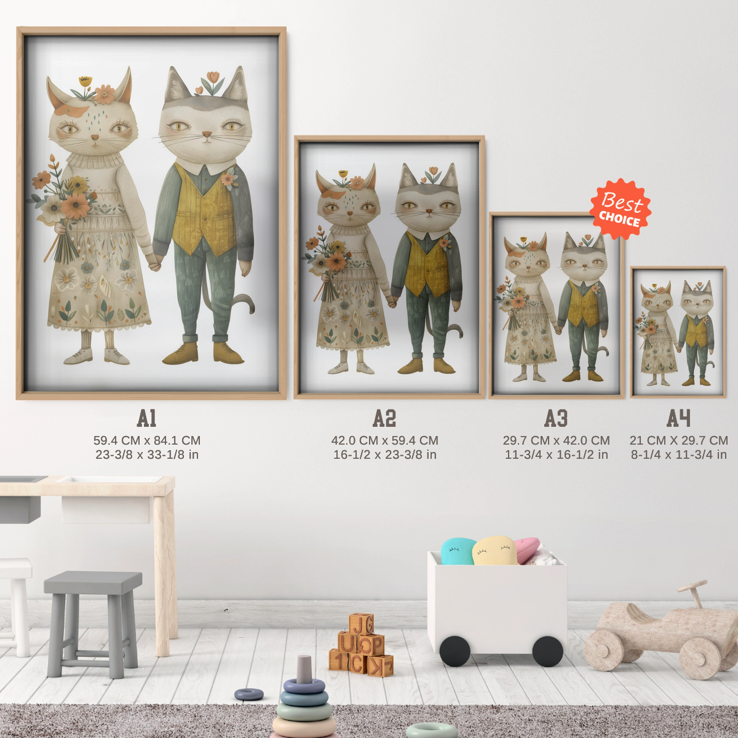 Two Dressed Cats Nursery Print - size guide A4 A3 A2 A1 nursery print