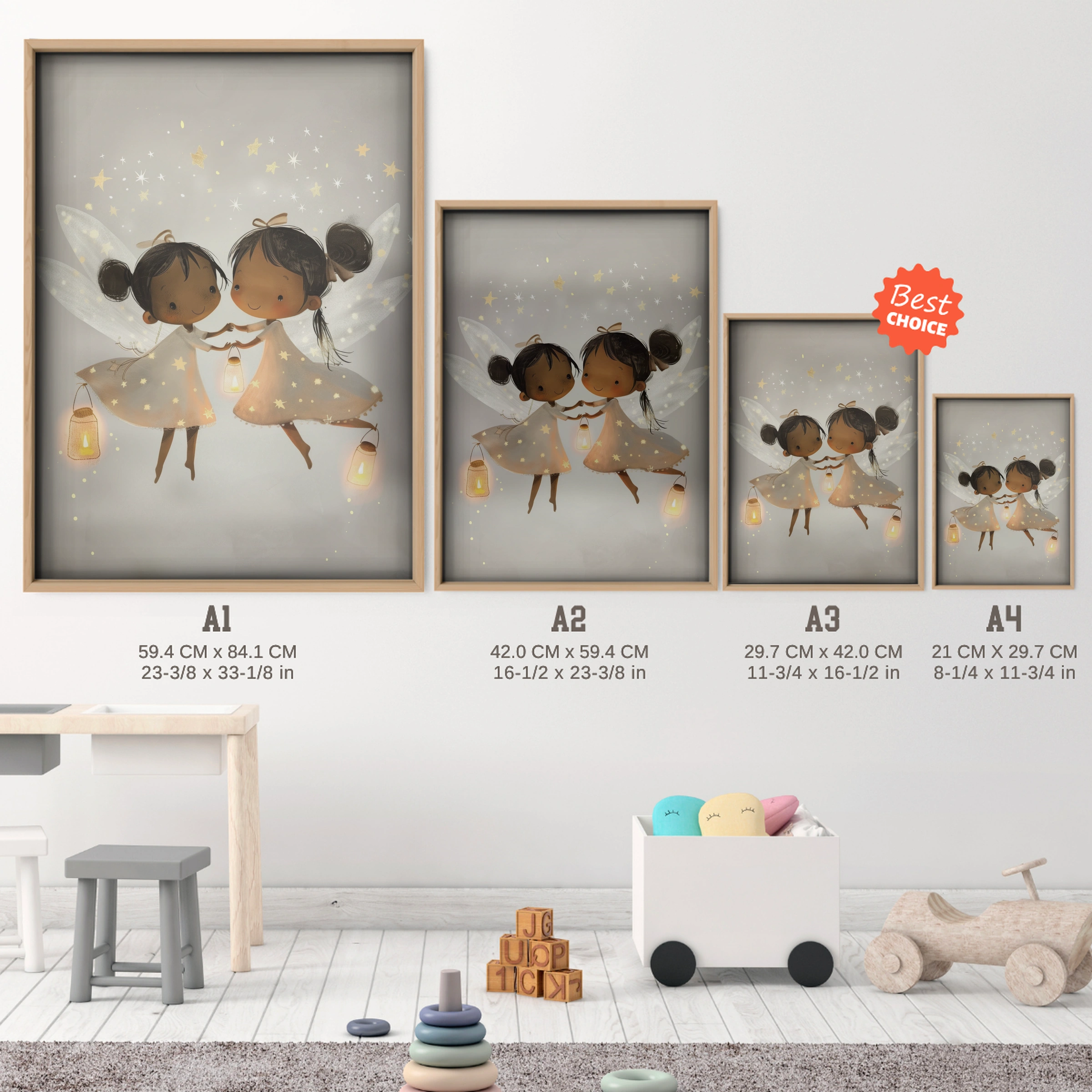 Two Fairies with Lanterns Nursery Print - size guide A4 A3 A2 A1 nursery print
