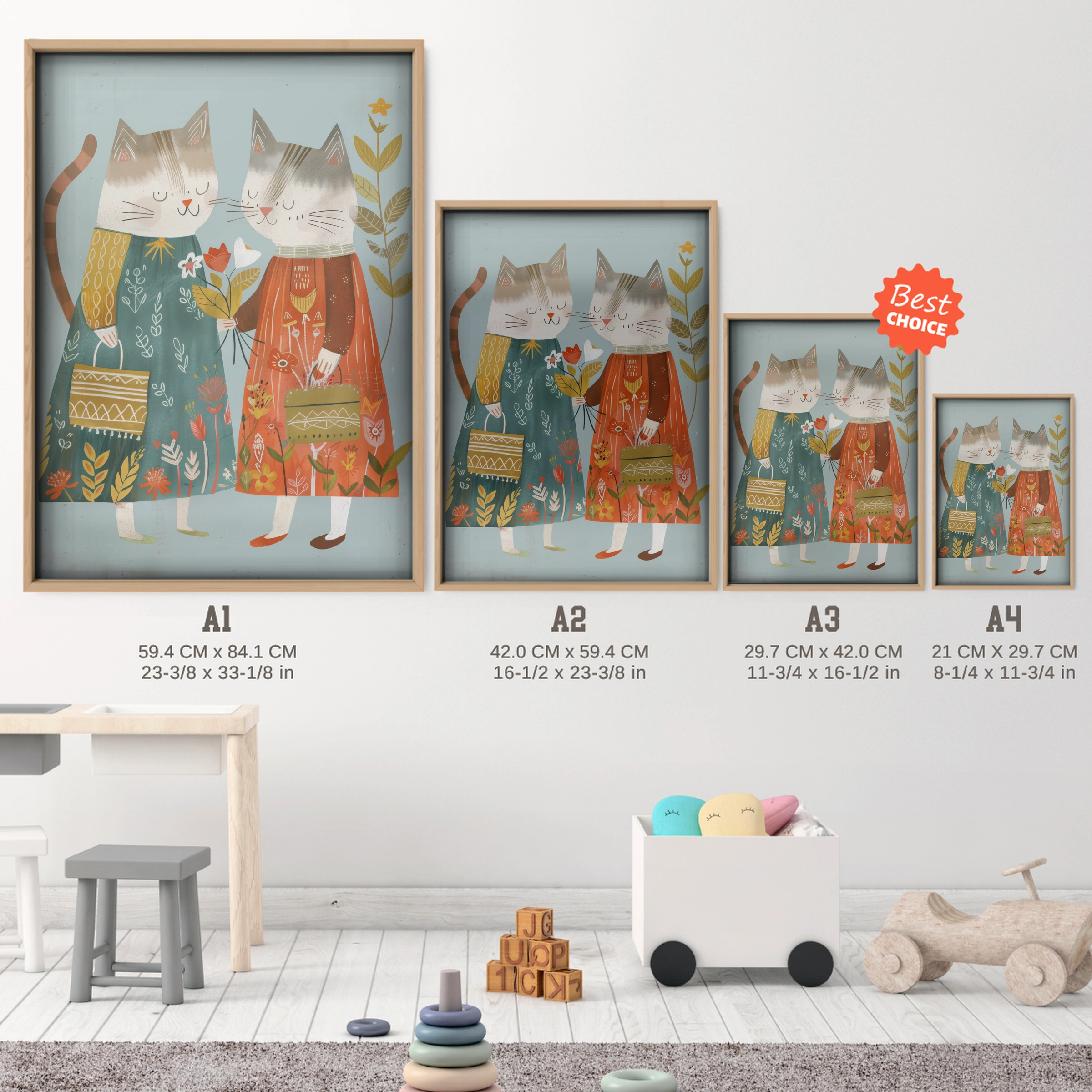 Two Folk Cats Nursery Print - size guide A4 A3 A2 A1 nursery print