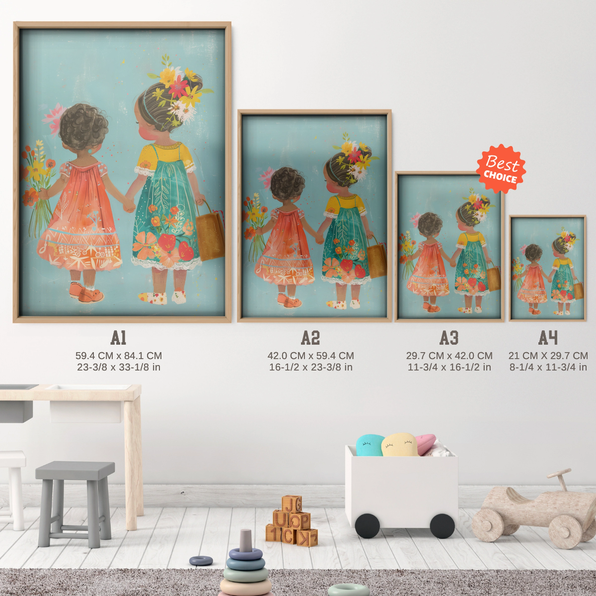 Two Girls with Flowers Nursery Print - size guide A4 A3 A2 A1 nursery print
