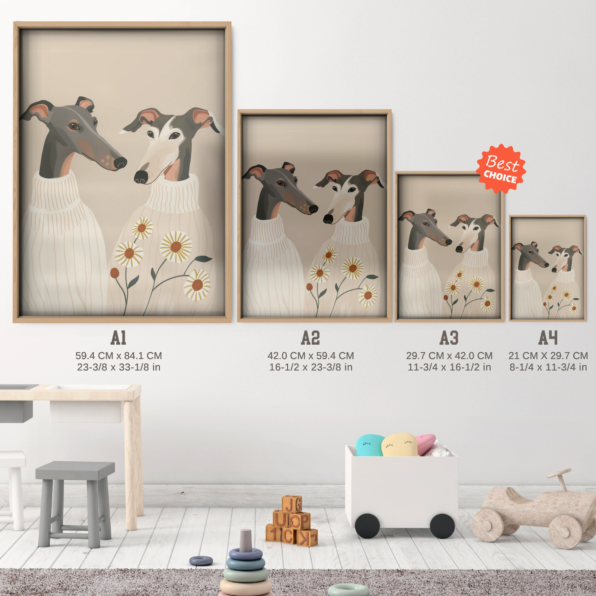 Two Greyhounds Nursery Print - size guide A4 A3 A2 A1 nursery print
