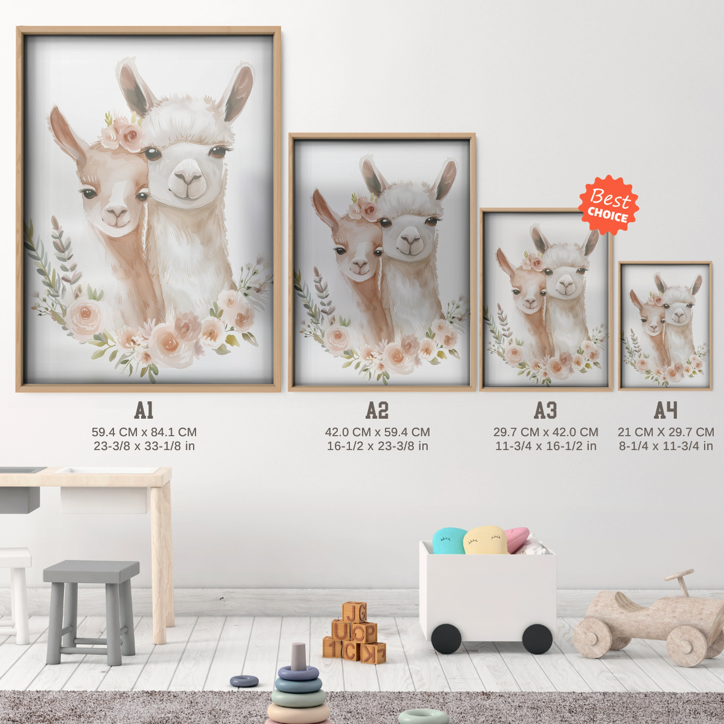 Two Llamas Nursery Print - size guide A4 A3 A2 A1 nursery print