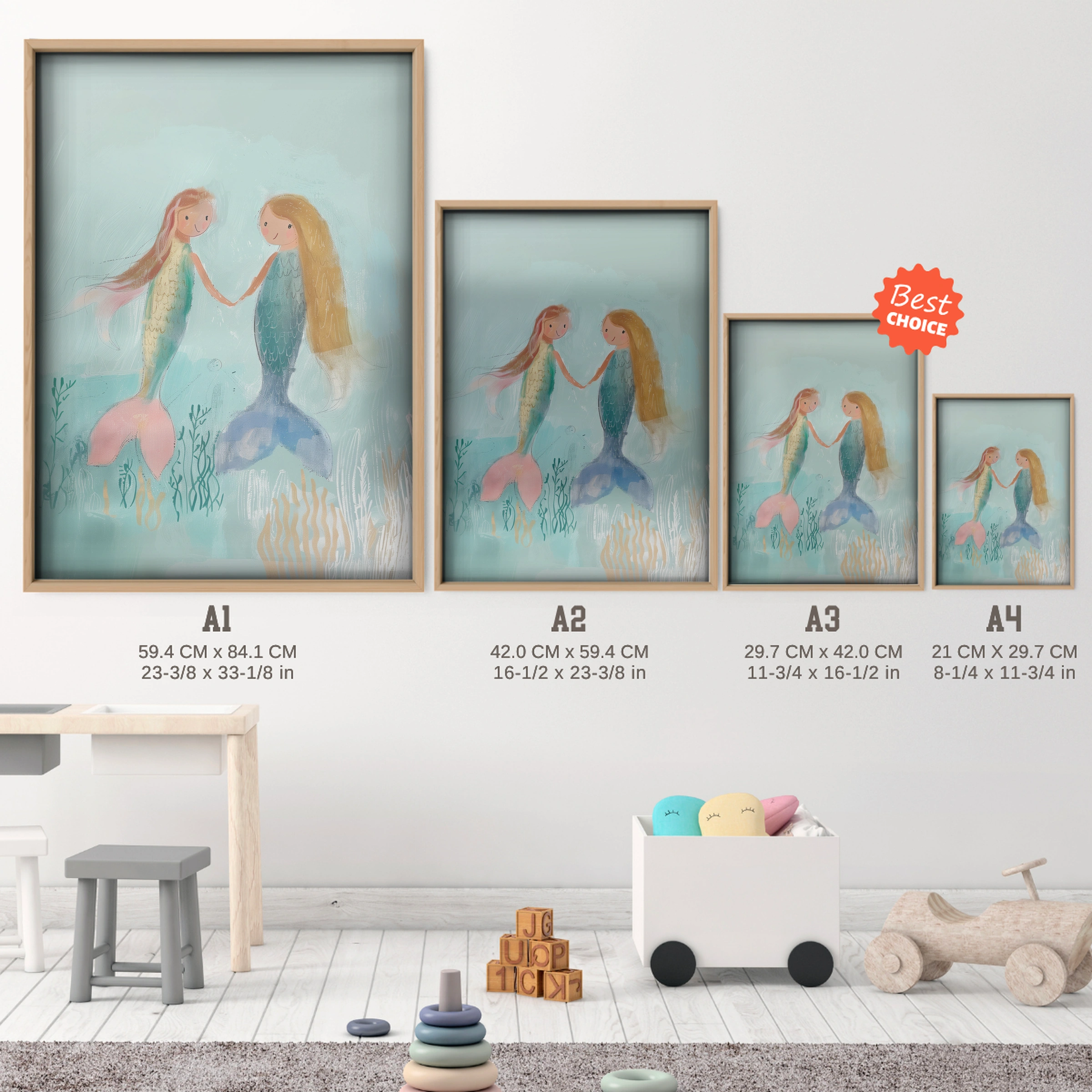 Two Mermaids Blue Nursery Print - size guide A4 A3 A2 A1 nursery print