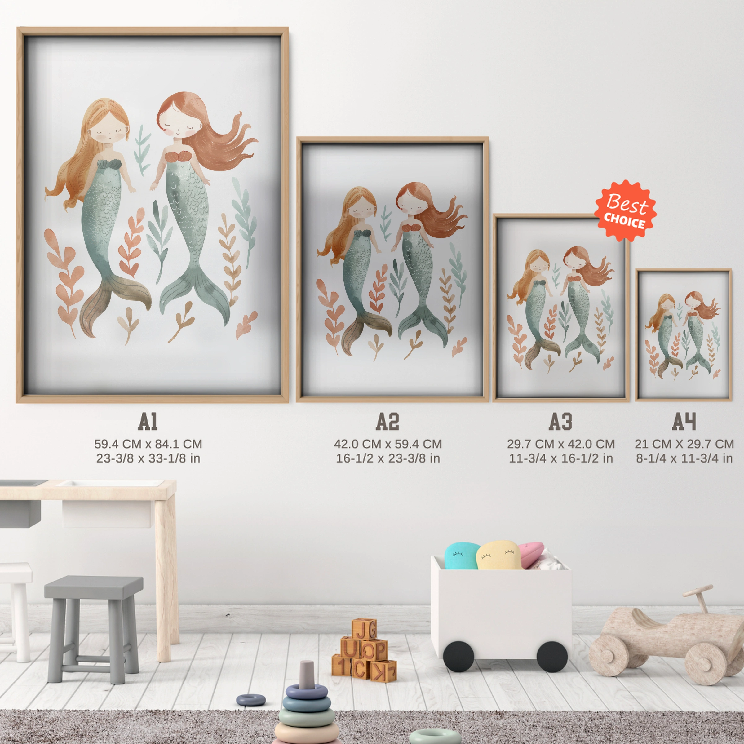 Two Mermaids Nursery Print - size guide A4 A3 A2 A1 nursery print