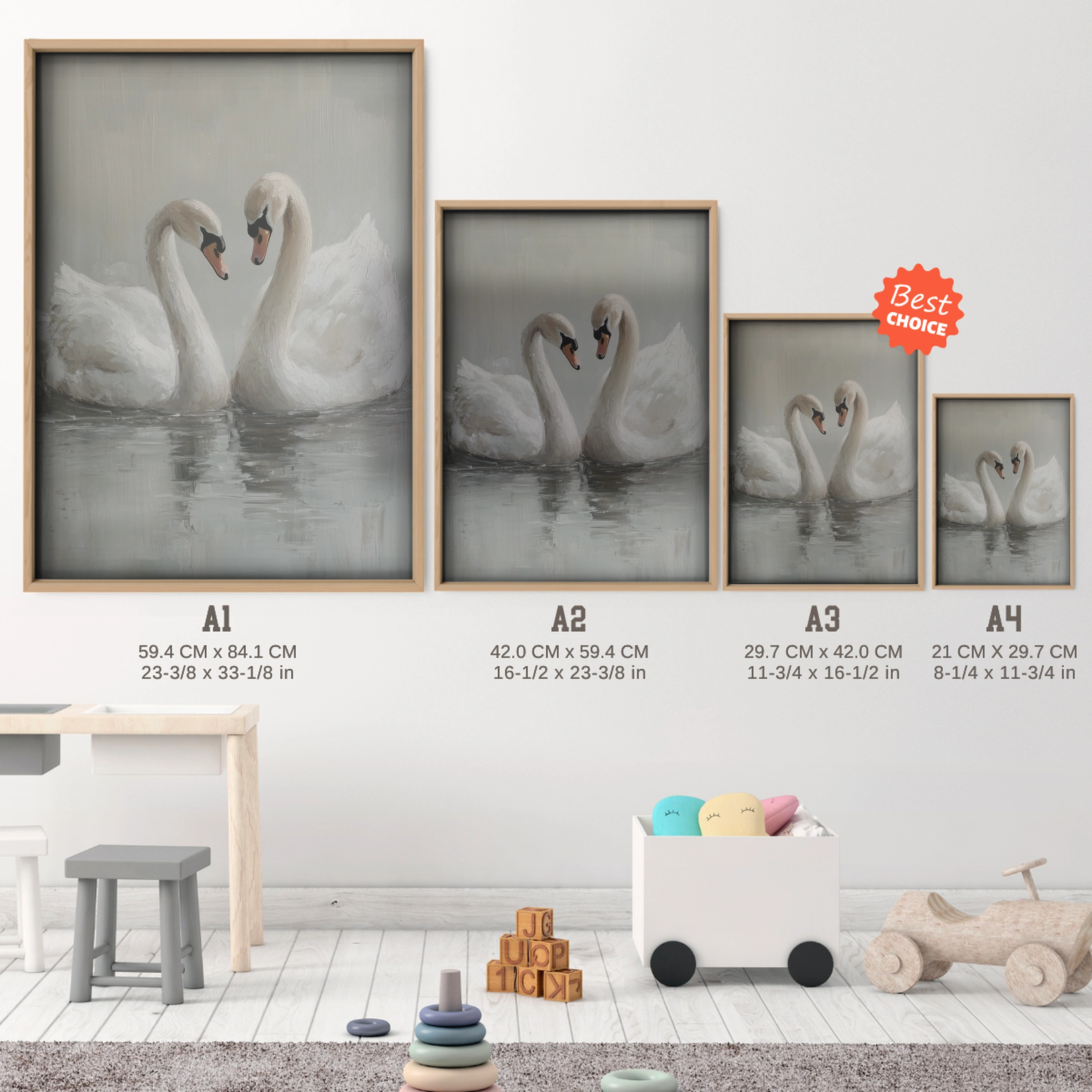 Two Swans Nursery Print - size guide A4 A3 A2 A1 nursery print