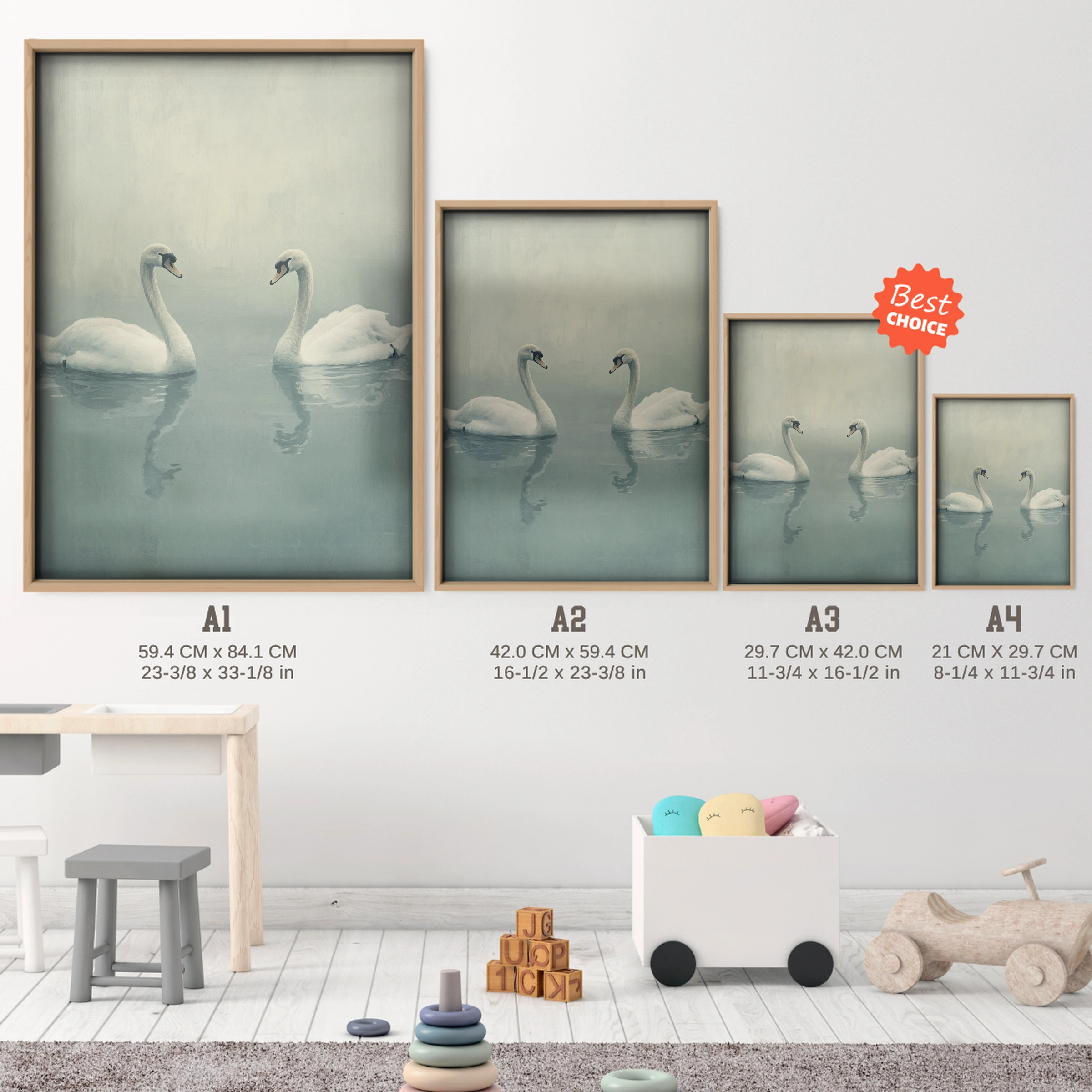 Two Swans on the Lake Nursery Print - size guide A4 A3 A2 A1 nursery print