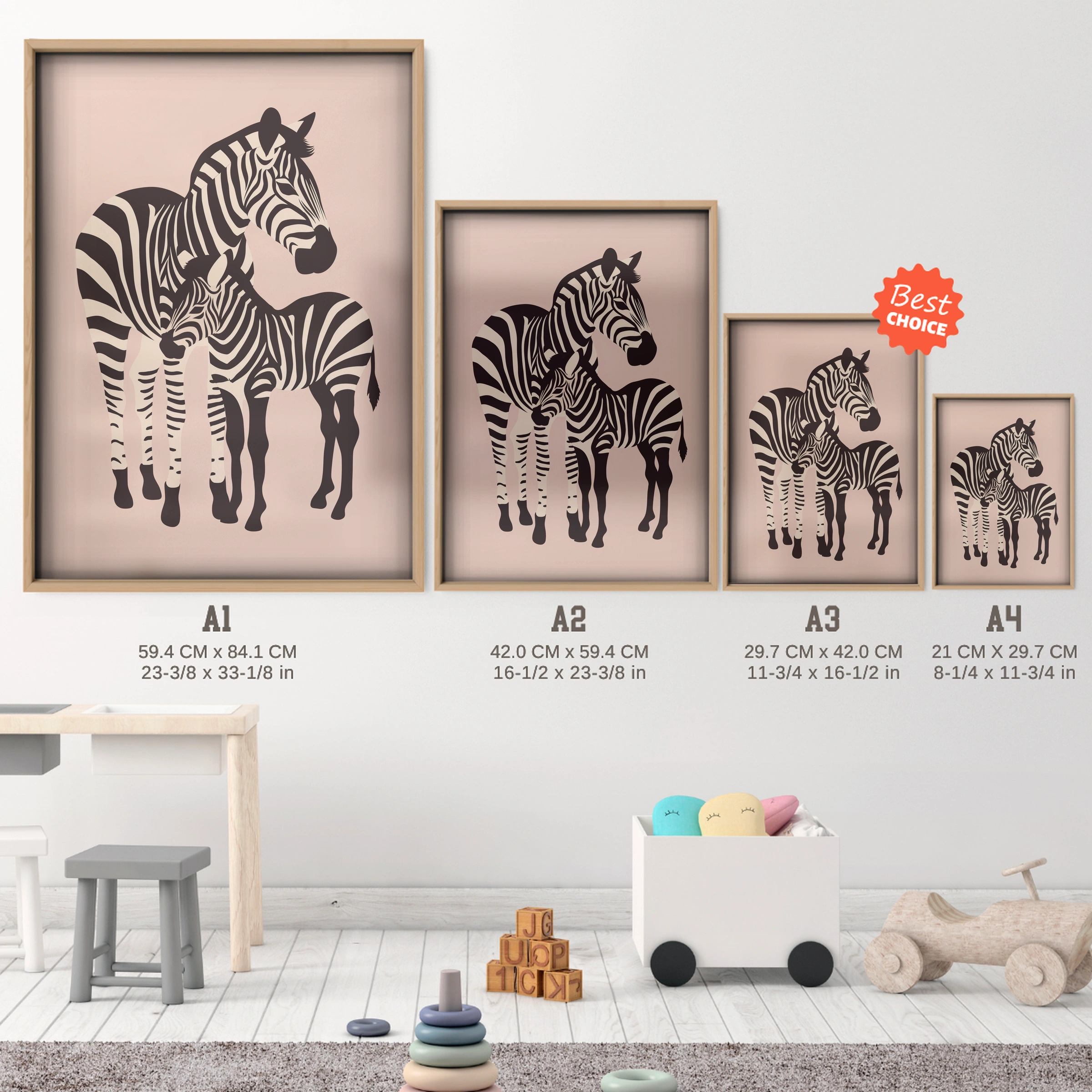 Two Zebras Nursery Print - size guide A4 A3 A2 A1 nursery print