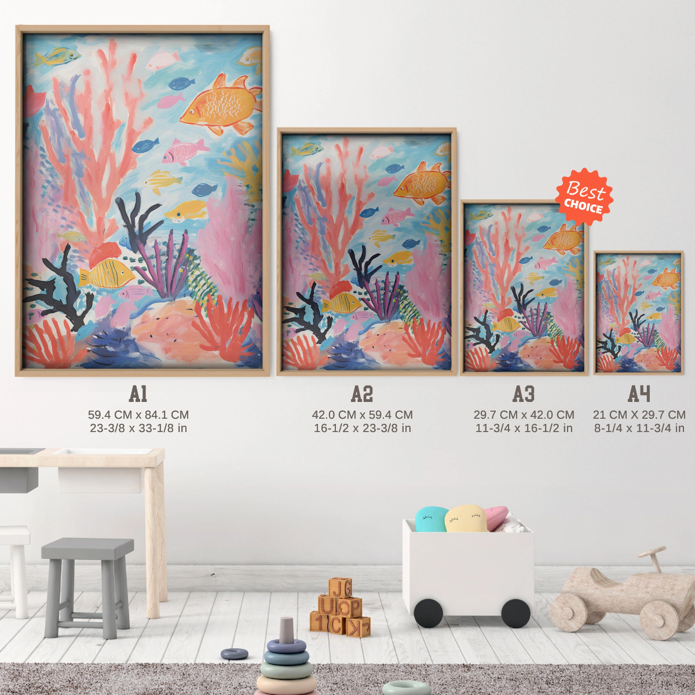 Underwater Reef Nursery Print - size guide A4 A3 A2 A1 nursery print