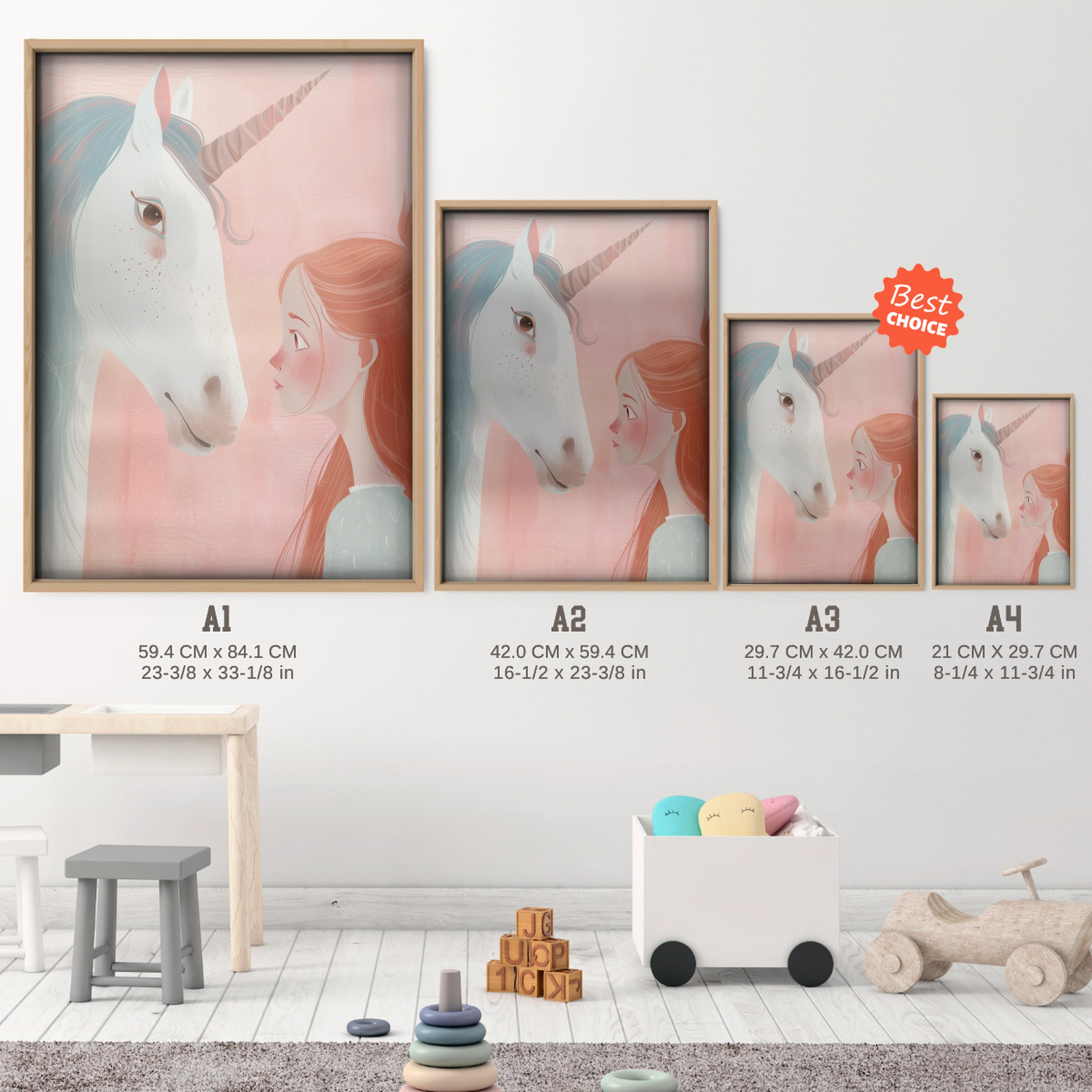 Unicorn and Girl Nursery Print - size guide A4 A3 A2 A1 nursery print