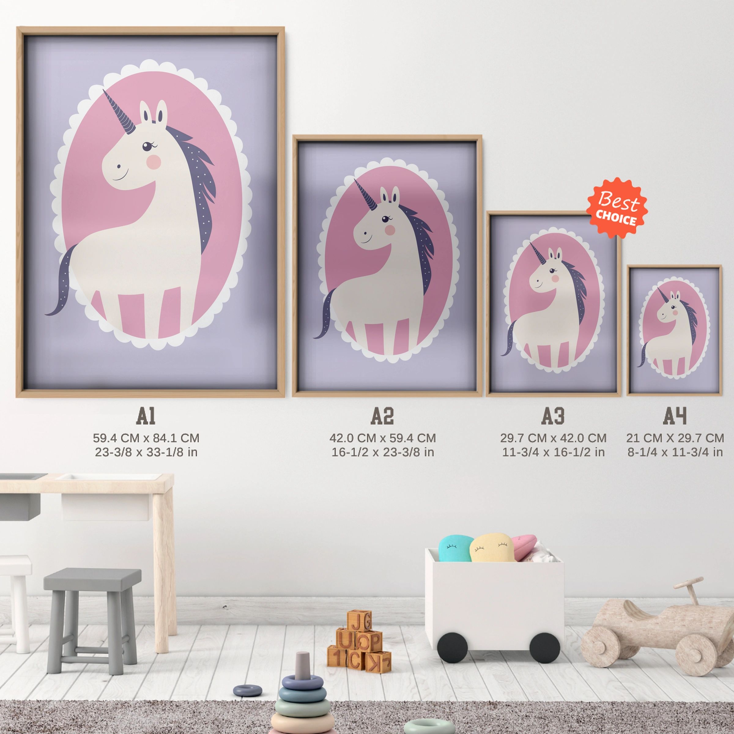 Unicorn Cameo Nursery Print - size guide A4 A3 A2 A1 nursery print