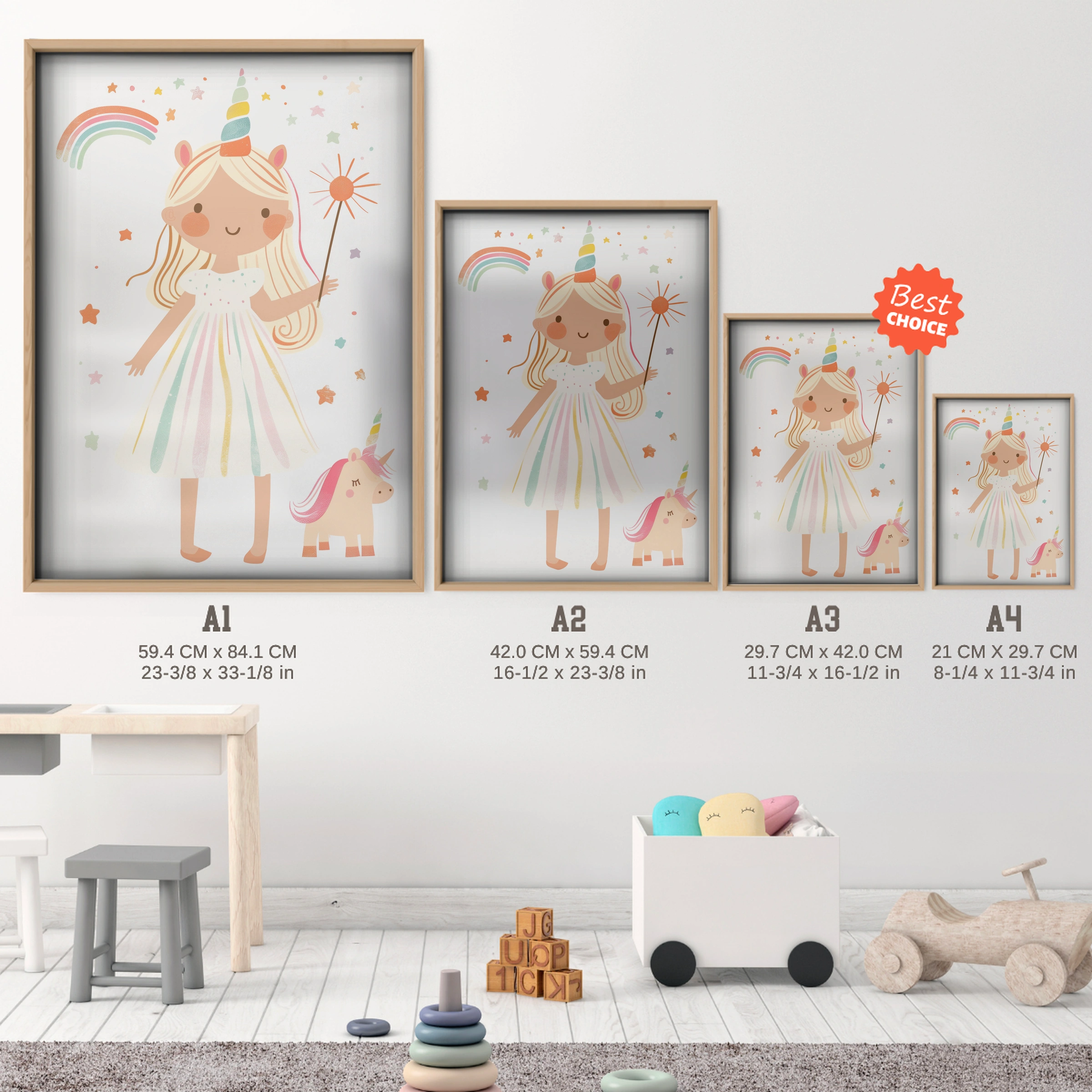 Unicorn Girl Nursery Print - size guide A4 A3 A2 A1 nursery print