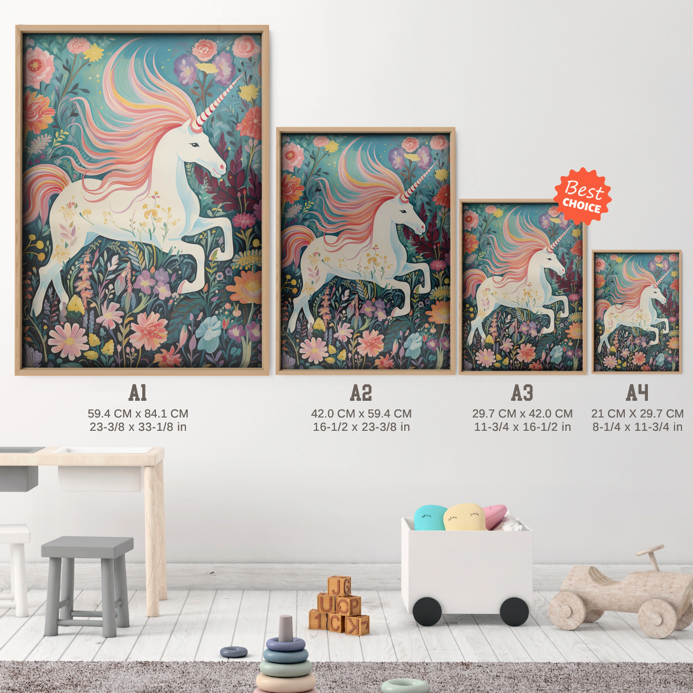 Unicorn in Bloom Nursery Print - size guide A4 A3 A2 A1 nursery print