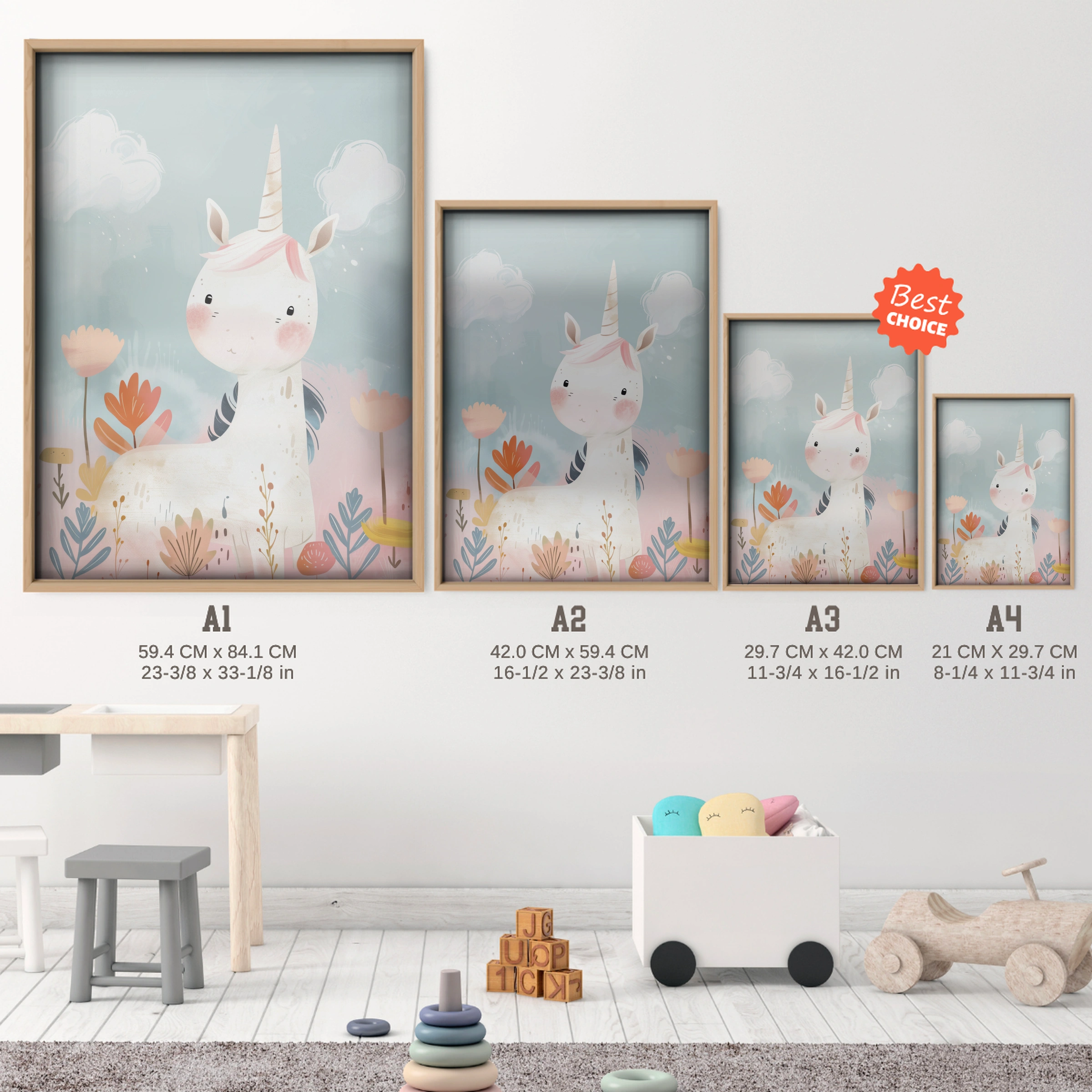 Unicorn in Flowers Nursery Print - size guide A4 A3 A2 A1 nursery print