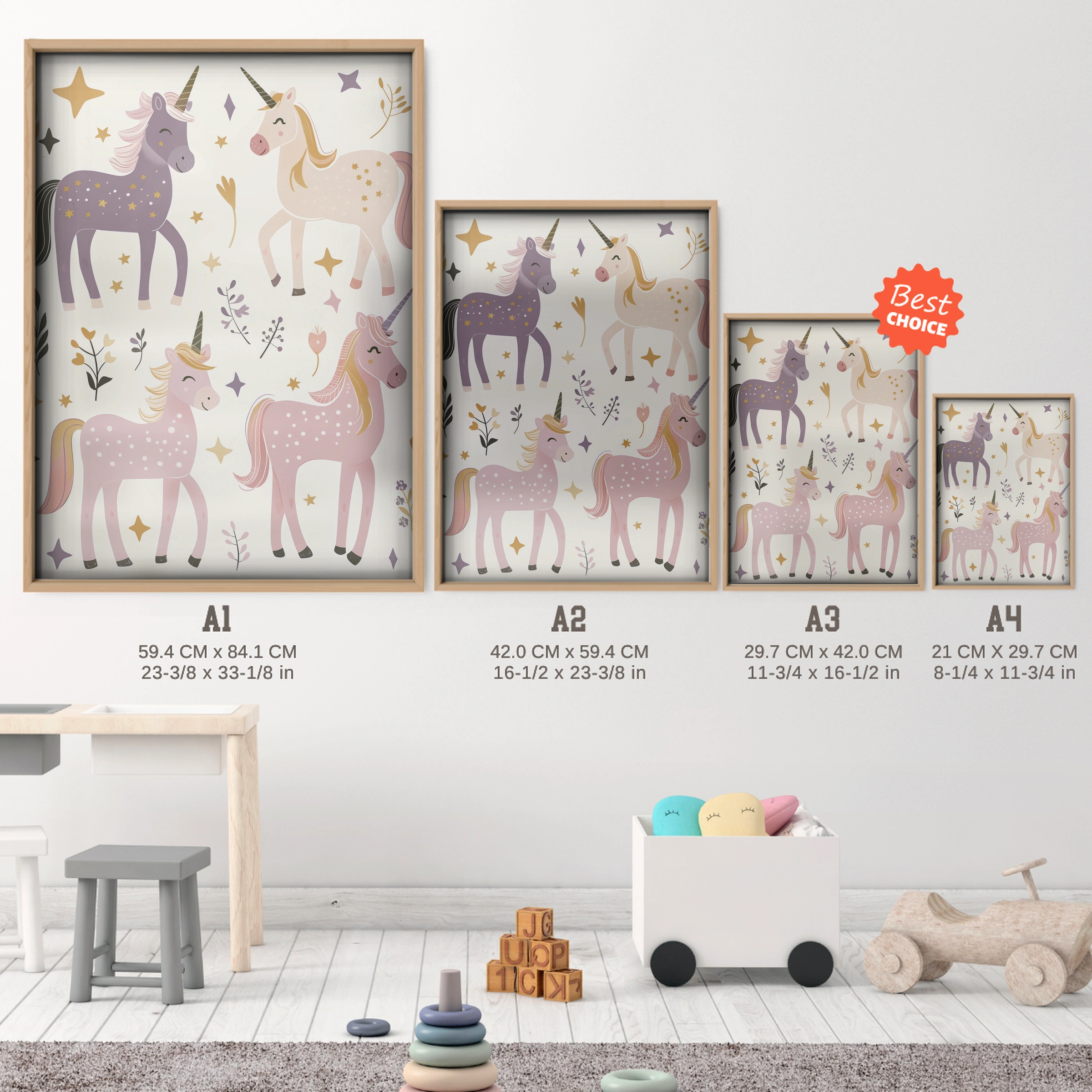 Unicorn Pattern Nursery Print - size guide A4 A3 A2 A1 nursery print